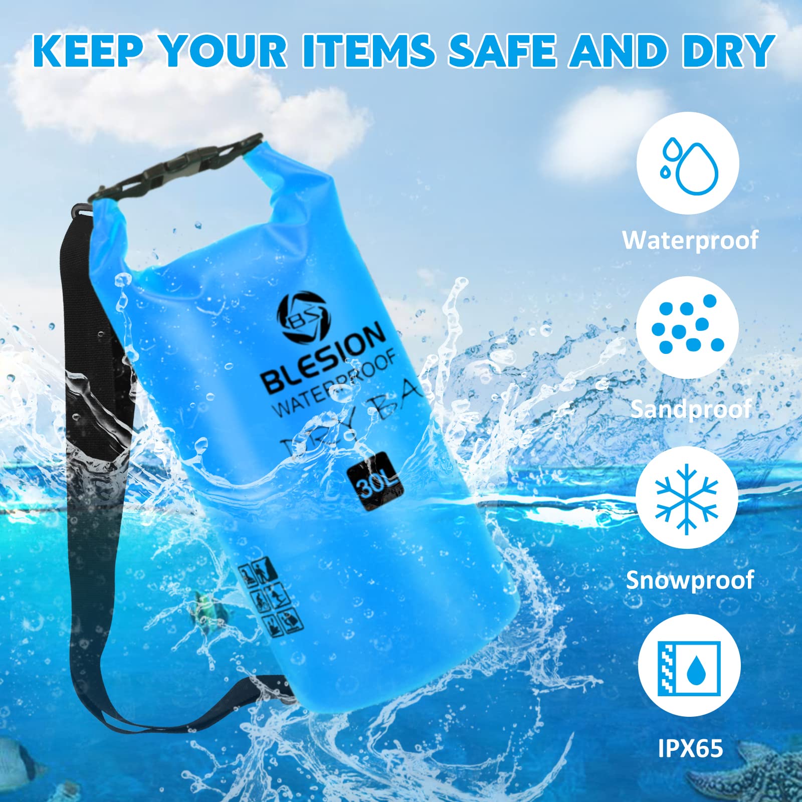BLESION Borse Impermeabile, Sacca Impermeabile, Dry Bag 5L 10L 15L 20L 30L con Tracolla Regolabile per Spiaggia Sport d'Acqua Trekking Kayak Canoa Pesca Rafting Nuoto Campeggio