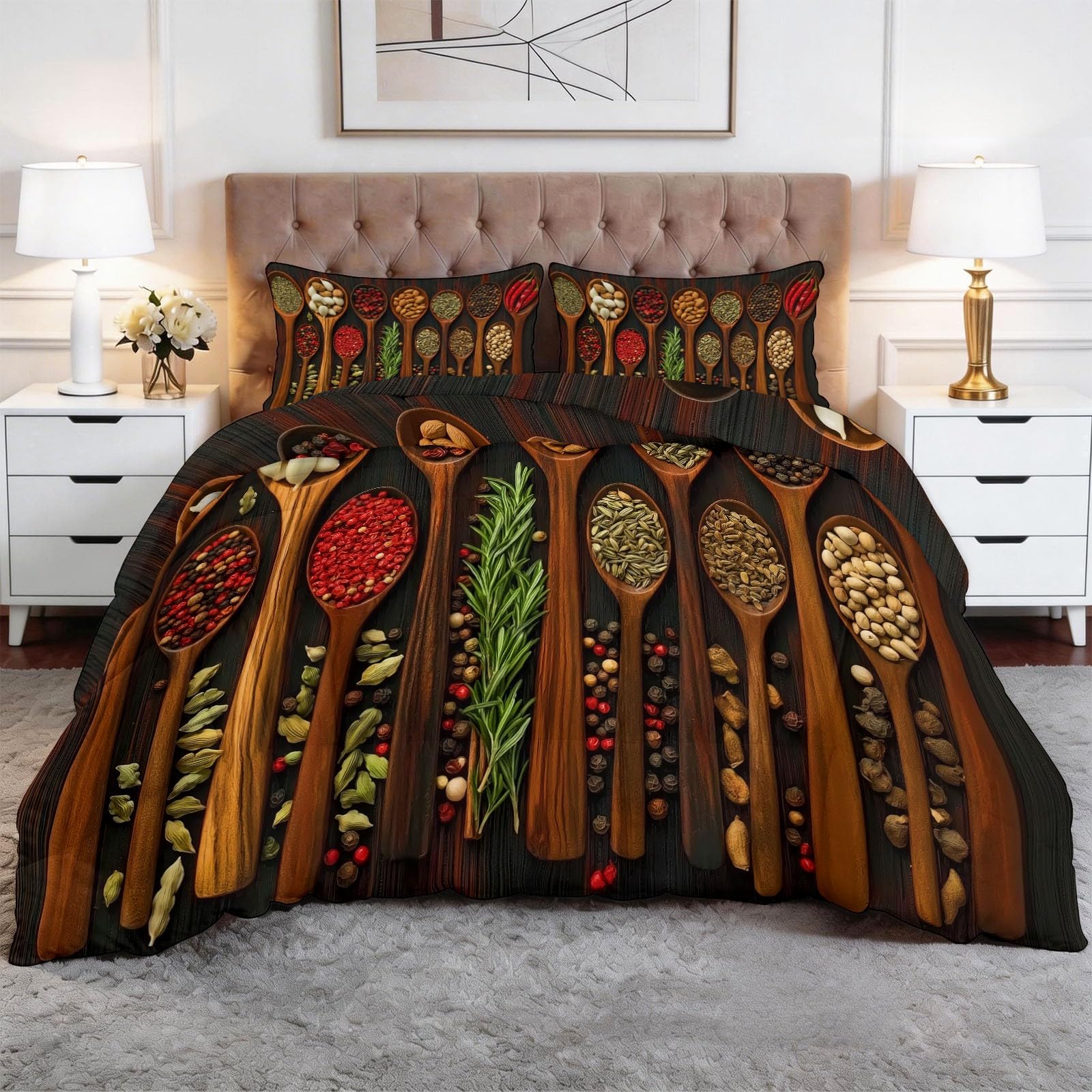 Perfumy Piwonia Bois De Vie Kołdra z nadrukiem 140 x 200 cm Miękka i oddychająca kołdra bez poszwy na łóżko dla 2 osób, brązowa kawa pikowana kołdra na 4 pory roku - 2 poszewki na poduszki 65x65 cm