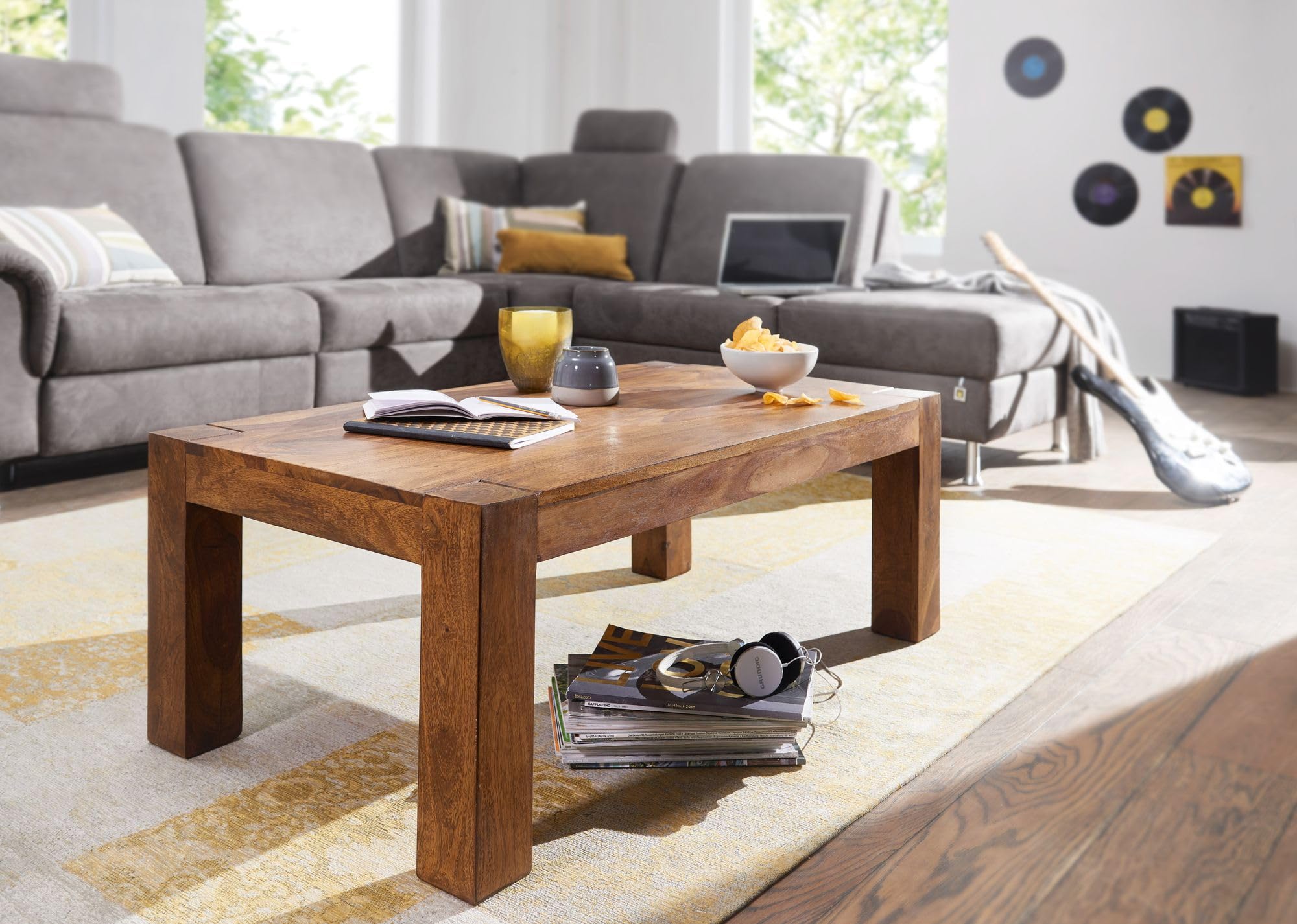 WOHNLING Mesa de Centro de Madera Maciza Sheesham 110cm Sala de Estar Amplia Mesa de Estilo rústico marrón Oscuro diseño de la Tabla