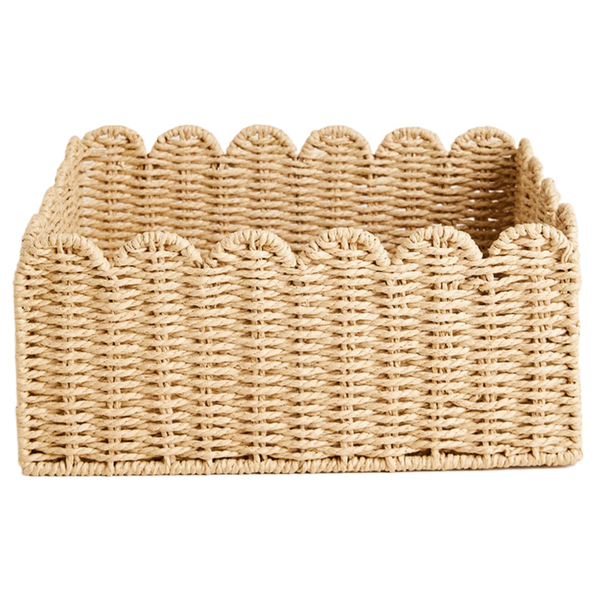 Wxyestna Scalloped Basket, 14.2x10.6x5.9 Wicker Basket Recycled Paper Rope Woven Storage for Kitchen Bathroom Pantry