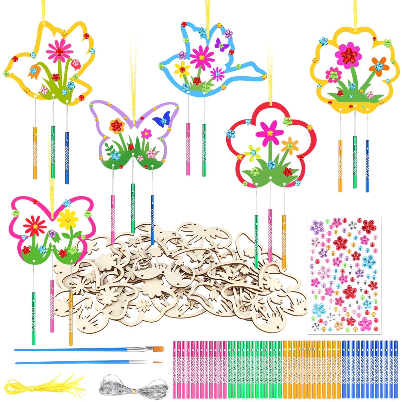 SRIZIAN 12 Pack Spring Wind Chime Kit for Kids,Wooden Flowers Windchime Set DIY,Bird Butterfly Wind Chimes for Girls Boys,Wooden Art and Craft for Garden Spring Decoration