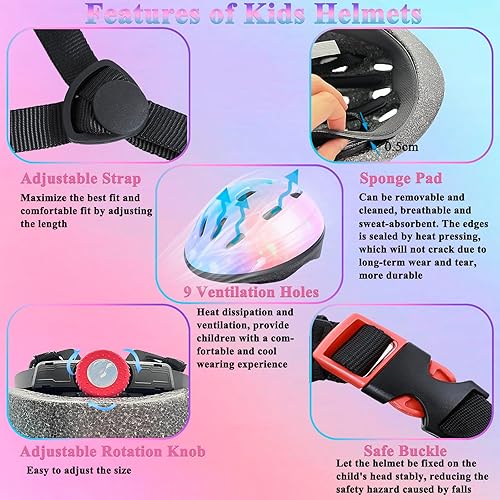 Miniatura 4 de Asslen Casco de bicicleta para niños de 3 a 8 años, casco ajustable para niños y niñas, casco ajustable con rodilleras, coderas, muñequeras, equipo