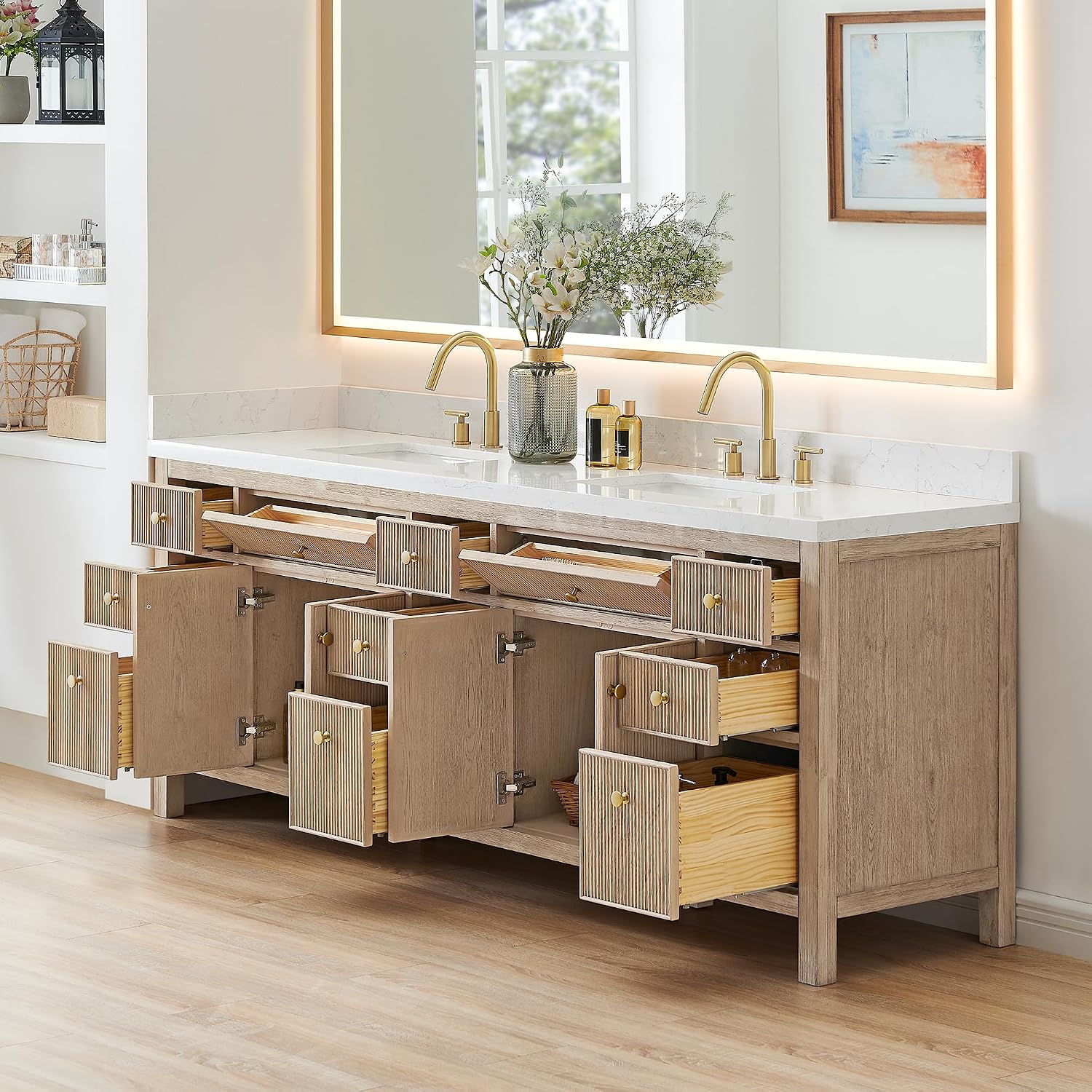 Cerrito 84" Wood Vanity in Nature Oak Engineered Stone Top no Mirror