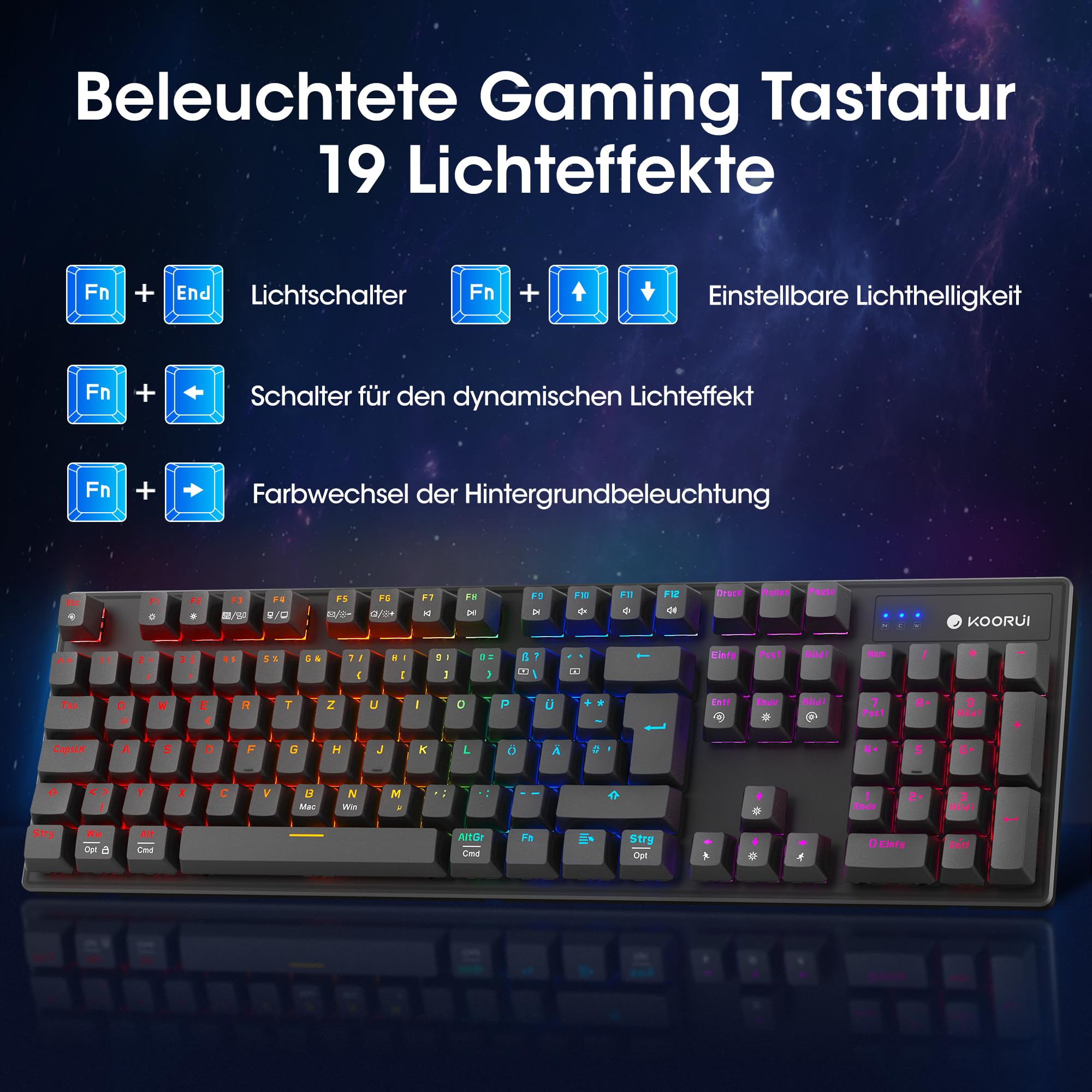 KOORUI Set tastiera e mouse da gioco, set tastiera mouse meccanico DE QWERTZ layout 12 tasti funzione Tastiera e mouse ergonomici USB con 6 pulsanti 320DPI per Win, MacOS, Linux Red Switch