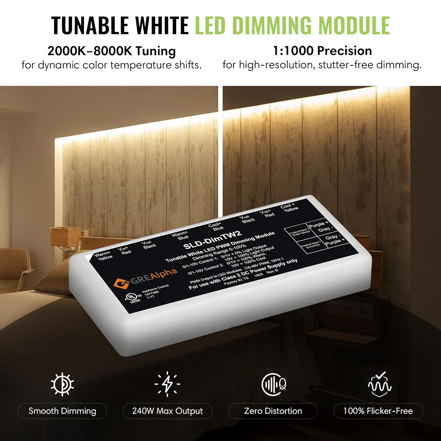 SLD-DIMTW2 Tunable White LED Dimmer 2-Input 240W, 8–48VDC, 0–10V/1–10V CV LED Controller, Flicker-Free Dimming Module for LED Strips & Panels, Adj White Lighting Control, Surface Mount