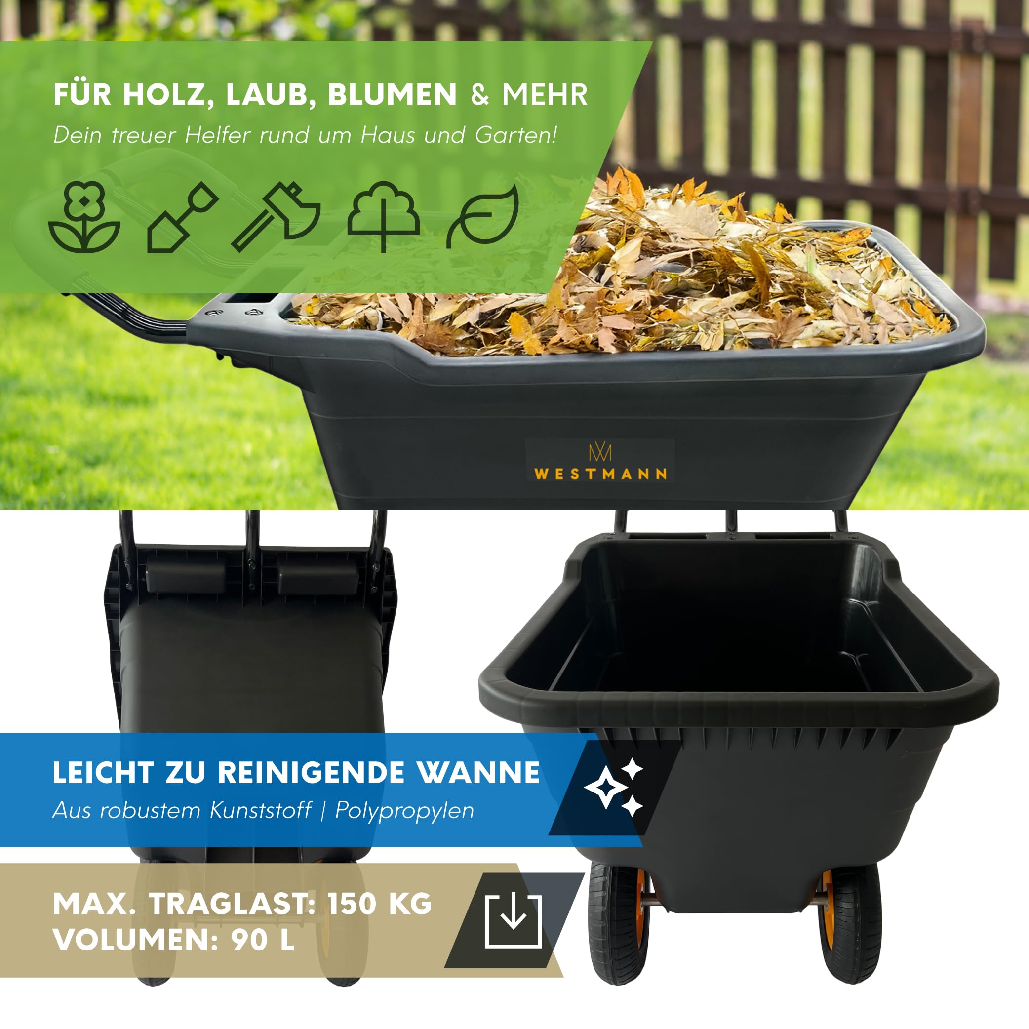 Westmann Prakta S Schubkarre | Kunststoffwanne mit Stahlrahmen | Luftreifen & Kippfunktion | 90 L | Traglast 150 kg (90 L)