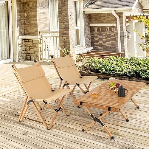 Miniatura 4 de Tangkula Silla de camping plegable respaldo alto silla de campamento portátil de bambú con respaldo ajustable de 2 niveles silla de césped de lona