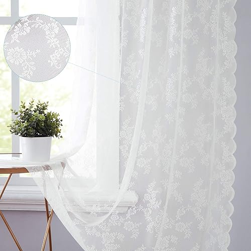 Miniatura 5 de Cortinas traslúcidas de encaje blanco para dormitorio, 55 x 54 pulgadas, paneles de cortina de encaje con rosas florales francesas duraderas,