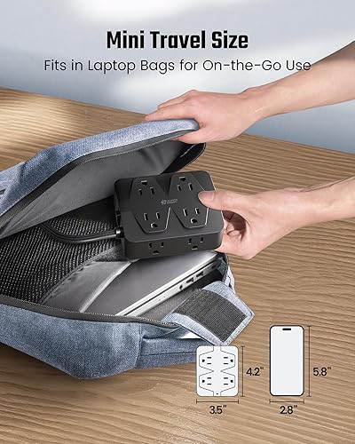 Miniatura 6 de SUPERDANNY - Regleta de alimentación de carga rápida de 35 W, cable de extensión de enchufe plano de 6 pies (13A1625W) con 8 tomas anchas y 4