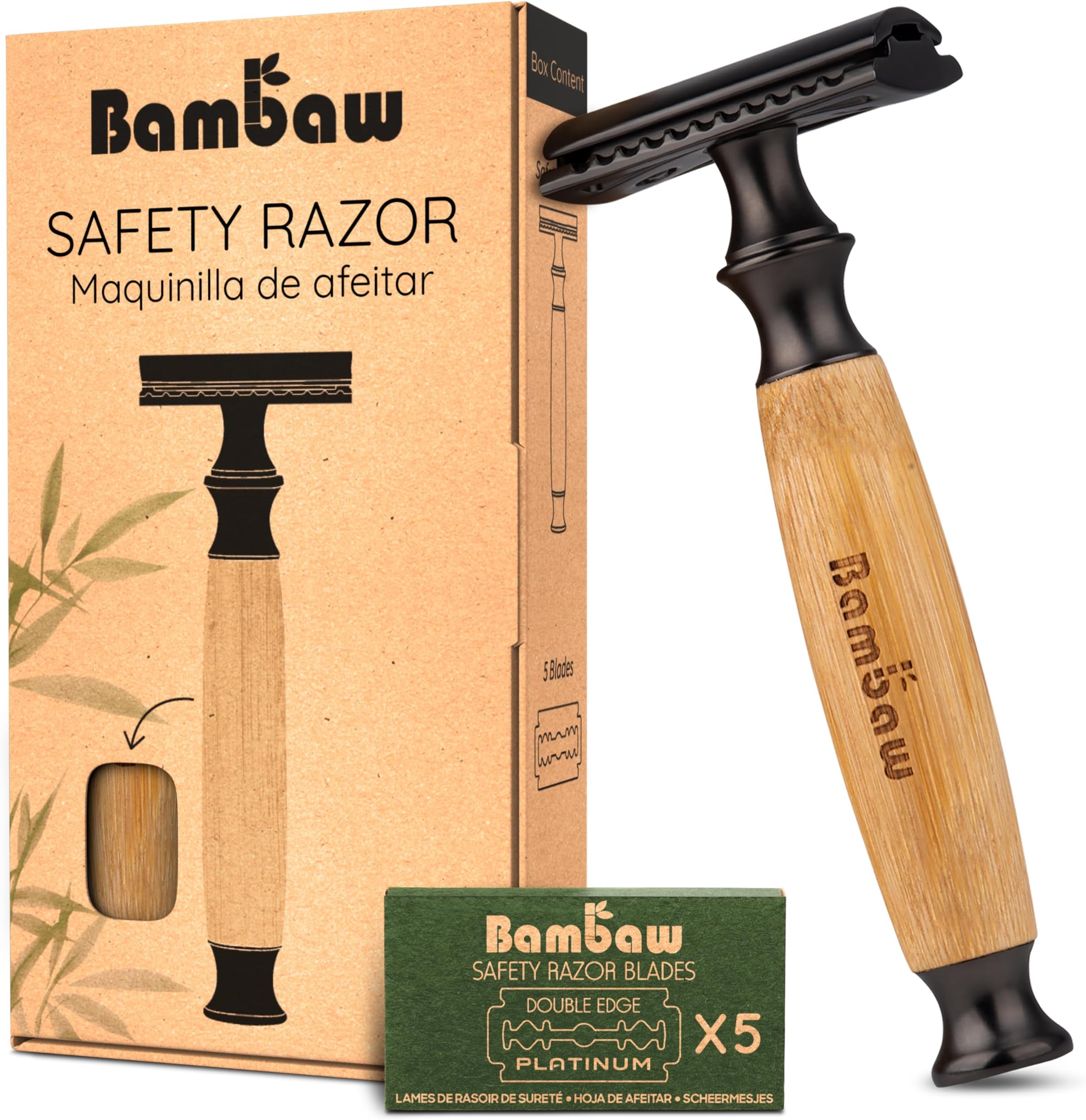 Safety Razors for Men & Women, Reusable Razor with 5 Blades, Double Edge Safety Razor, Eco-Friendly & Plastic Free – Thick Bamboo Black