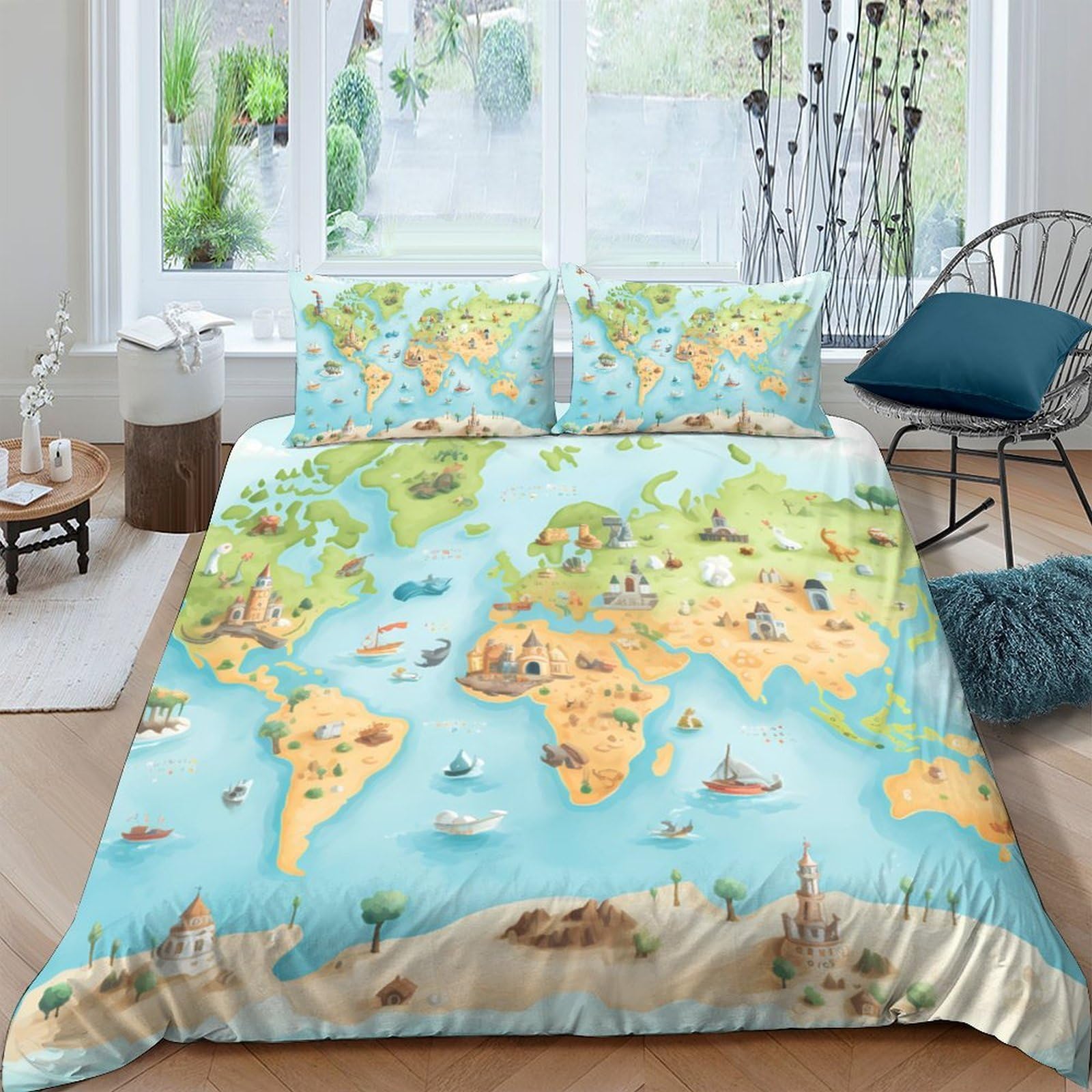 Ctjqhvkz Style-10 3D Printed World Map Fitted Sheet Microfiber Soft Blue Green Adventure Mattress Cover Bedroom Decor Single（135X200cm）
