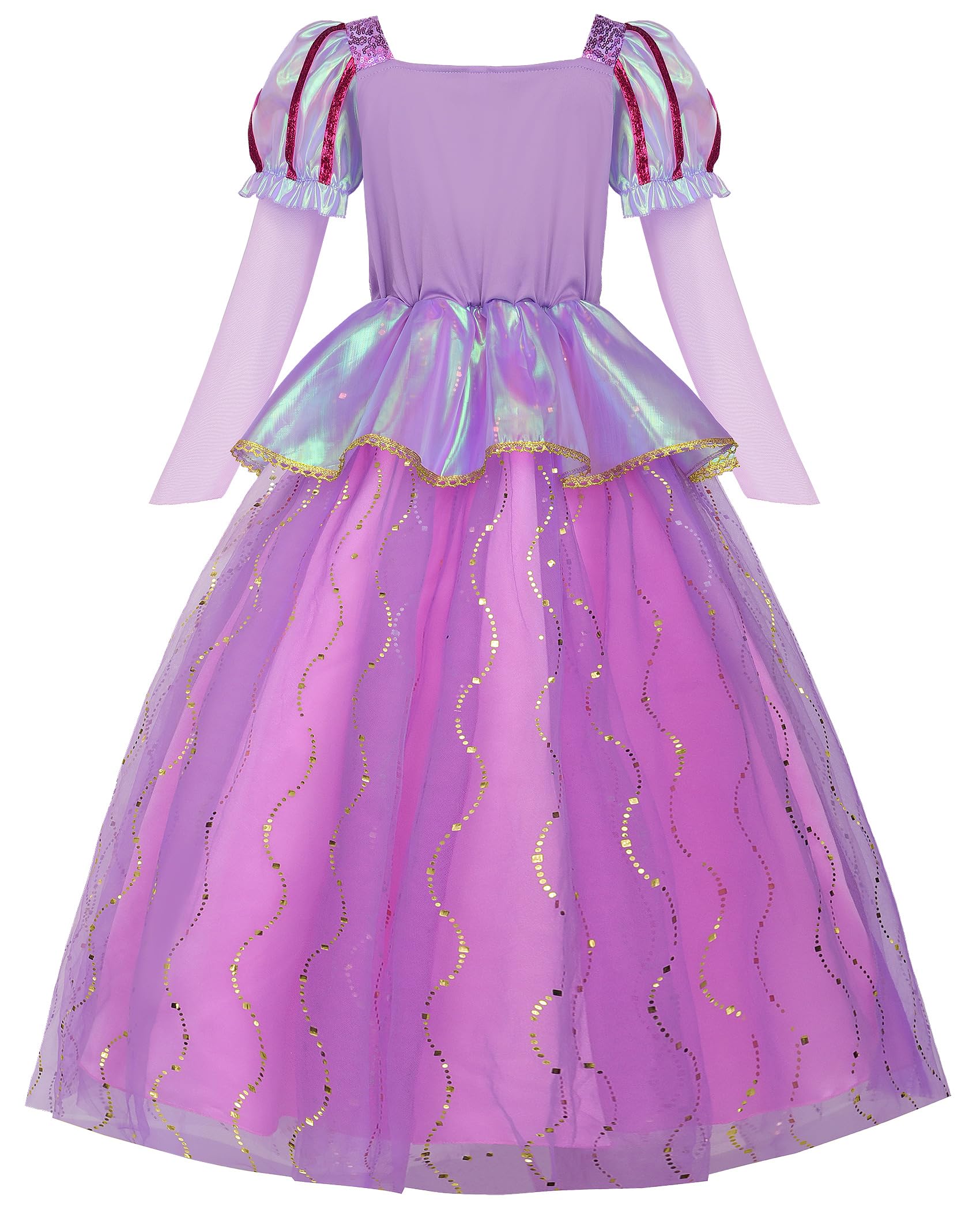 ReliBeauty Costume Principessa Bambina 3-12 anni Vestito Carnevale Maniche Lunghe Abito Lilla con Parrucca, Accessori e Borsetta Cosplay Festa Compleanno