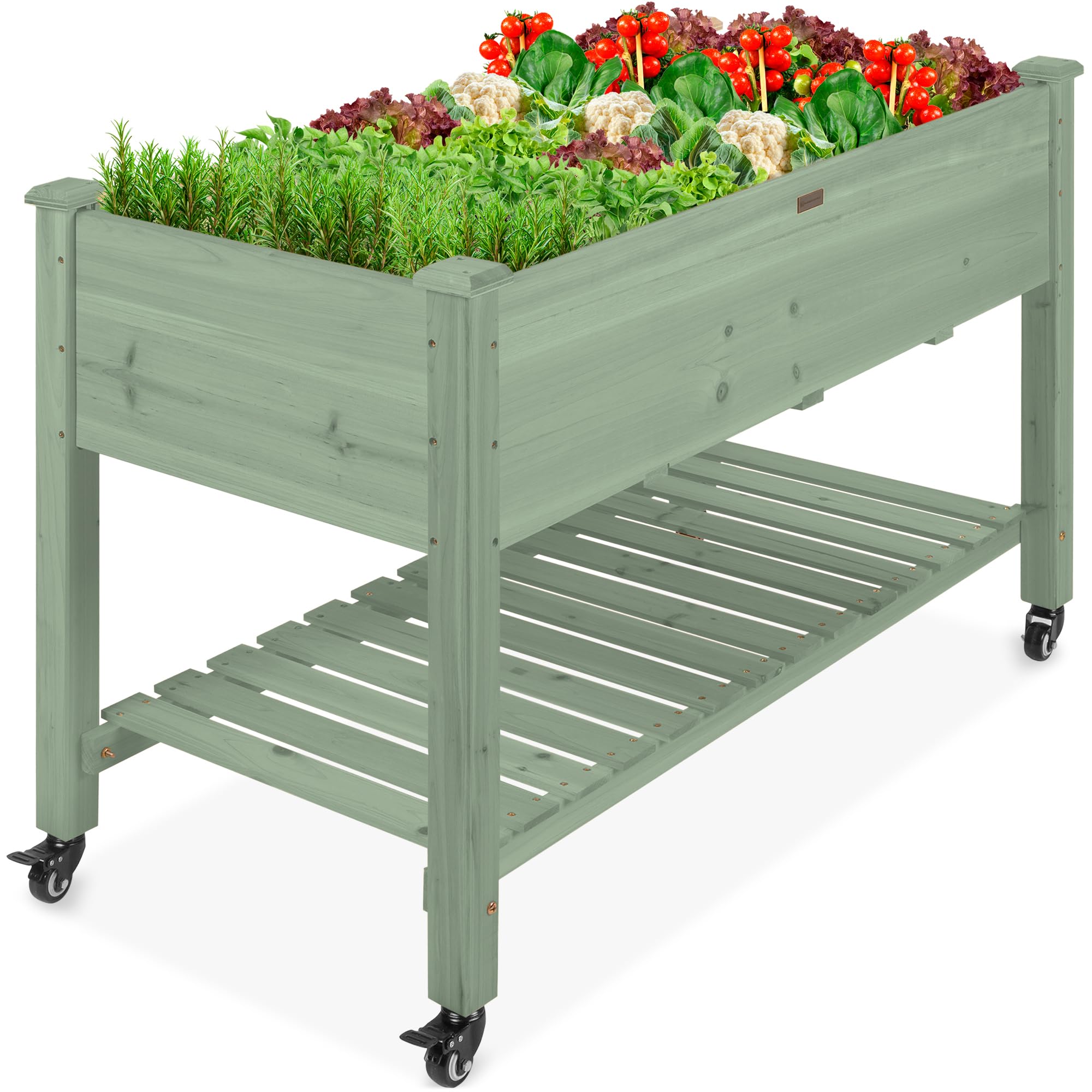 Best Choice Products Raised Garden Bed 48x24x32-inch Mobile Elevated Wood Planter w/Lockable Wheels, Storage Shelf, Protective Liner - Sage