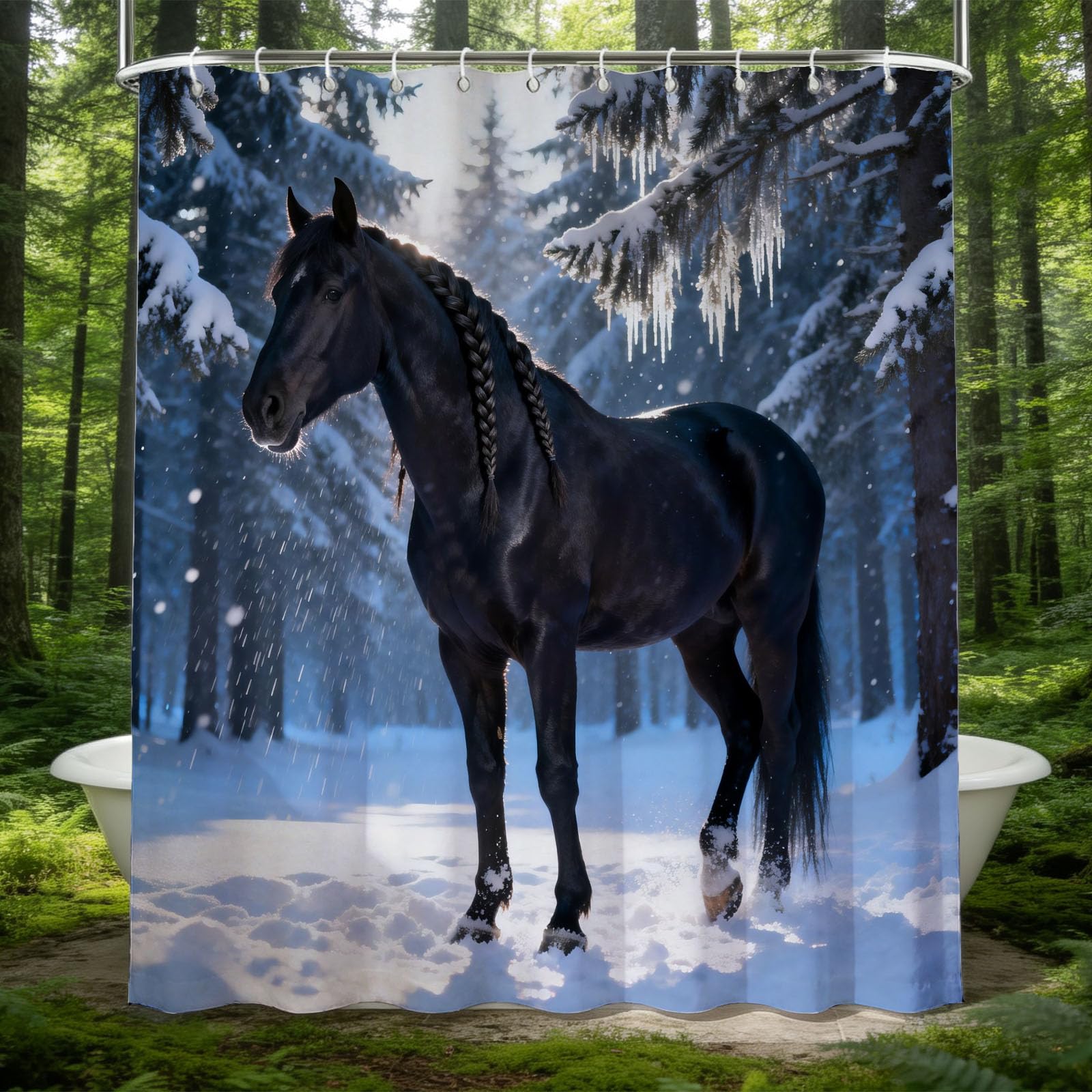 Hongduo 3D Snowy Black Horse Shower Curtain for Stalls Bathtubs Snowflake Bathroom Decor Shower Curtain Set Polyester Fabric Waterproof 200x200cm/79X79 Inch with Hooks
