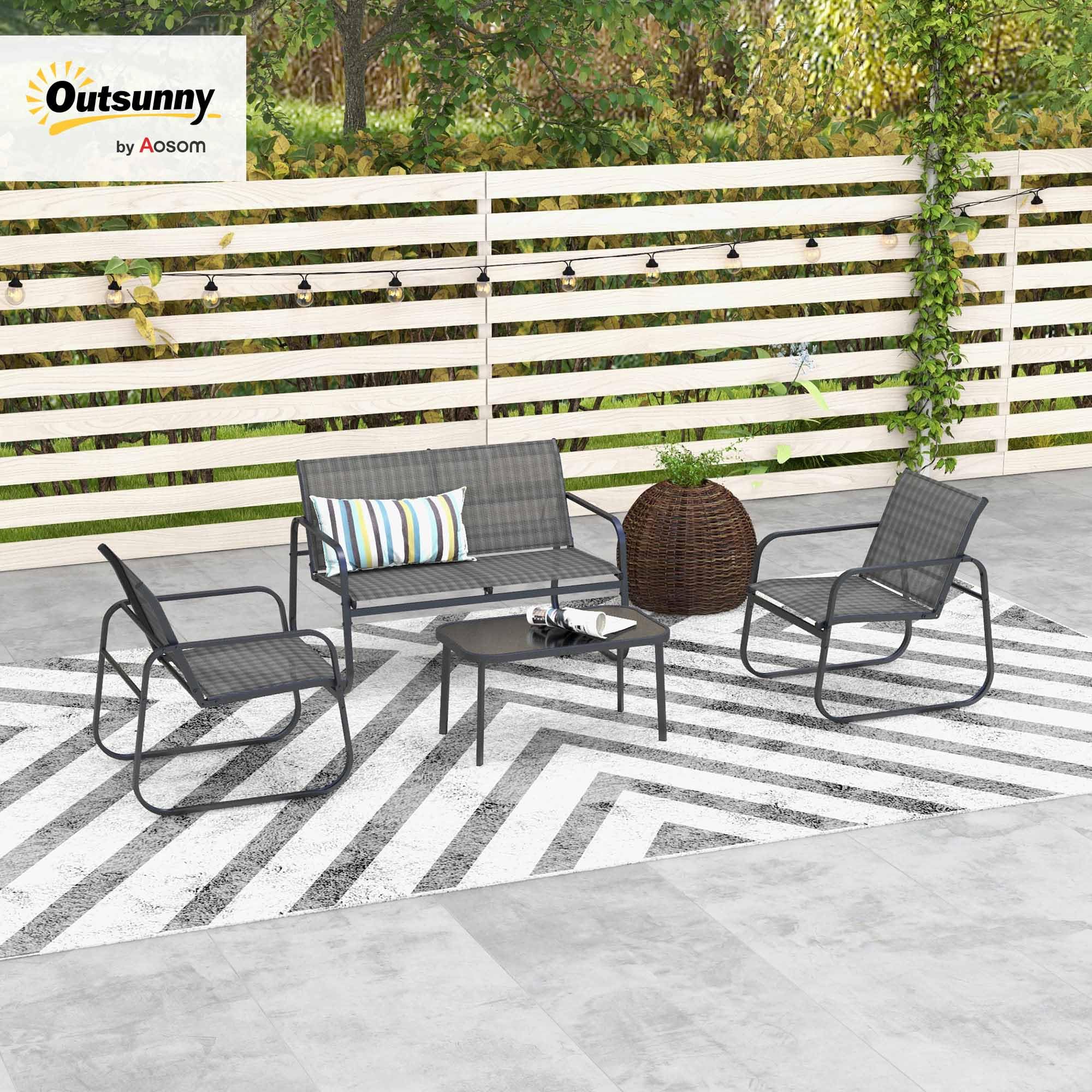 Outsunny Gartenmöbel-Set 4-TLG., Gartengarnitur mit 1 Zweisitzer, 2 Stühlen, 1 Couchtisch, Sitzgarnitur, Balkonmöbel-Set für Terrasse, Mesh, Schwarz