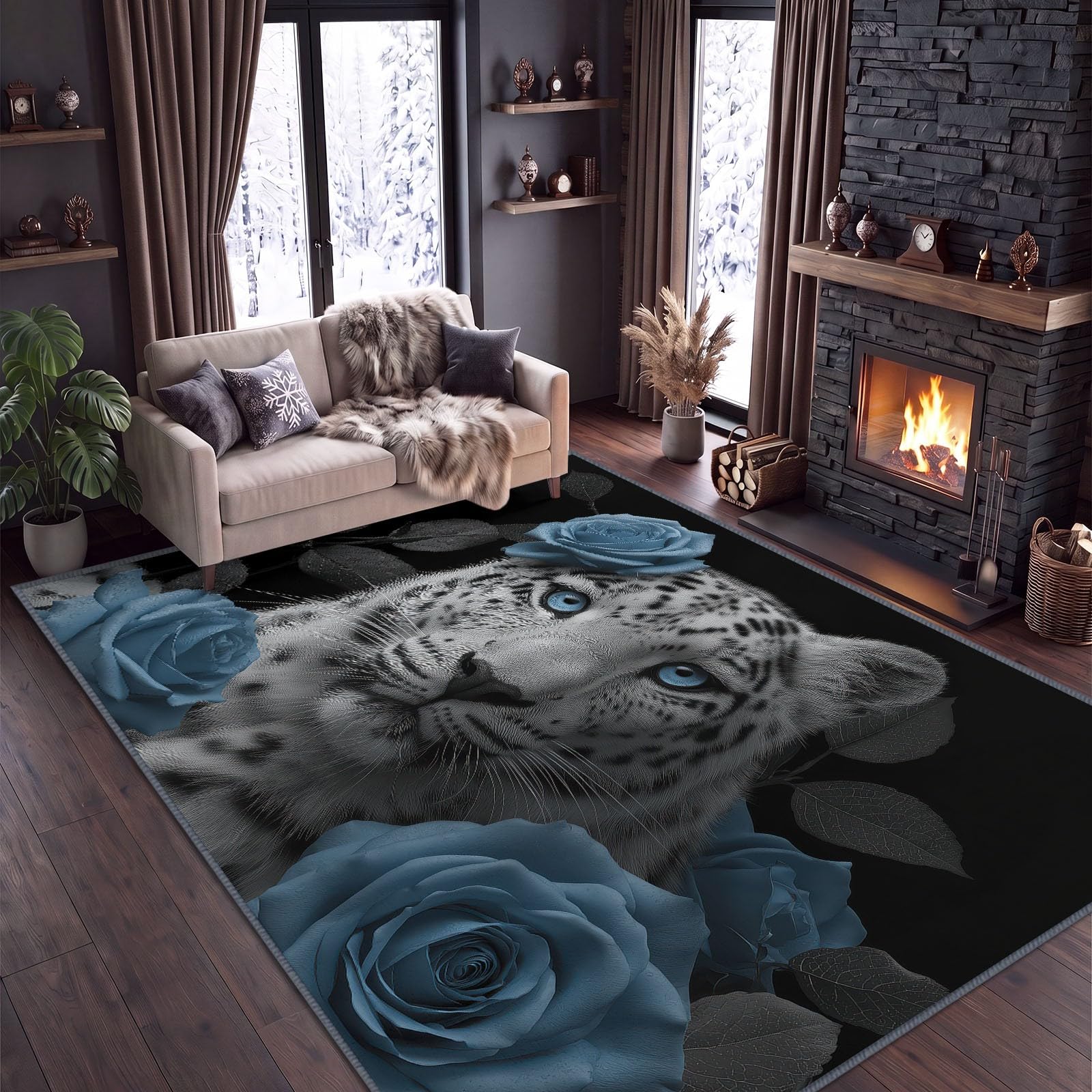 Tapis de Salon Lavable 160 x 230 cm Léopard Blanc Rose Bleue, Tapis Antidérapant à Poils Ras Photographie Animale pour Cuisine Bureau Salle à Manger - Moquette Décoration Intérieure Chambre d'enfant