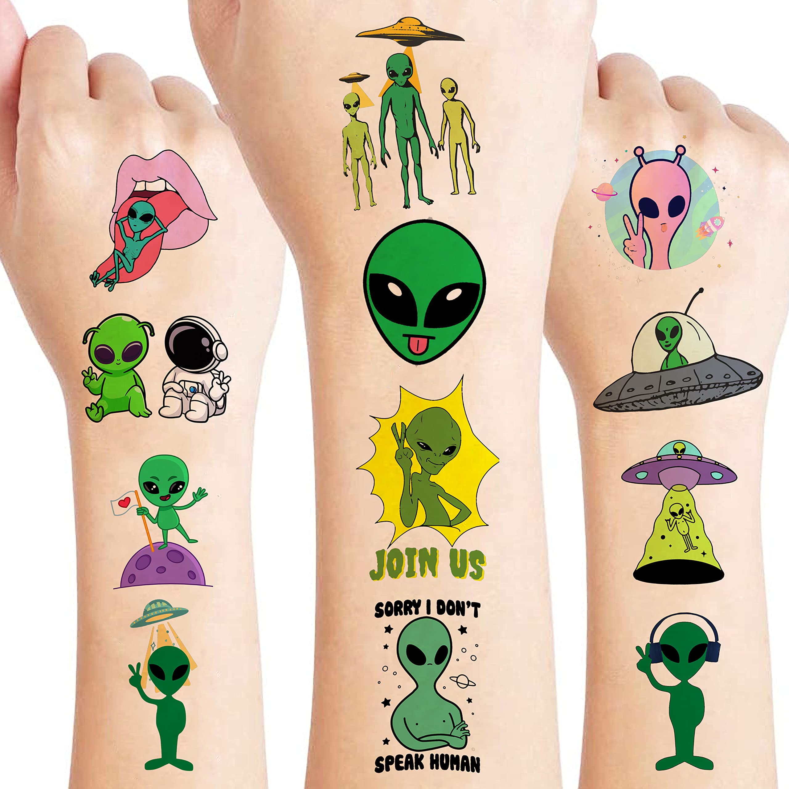 96PCS Alien Pre-Cut Temporary Tattoos for Kids – Space Theme Birthday Party Favors Supplies, UFO Outer Space Decorations, Galaxy Stickers for Boys Girls Toddlers Halloween Christmas (Normal)