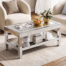 Mirrored Coffee Table with Crushed Crystal Accents, 2-Tier Rectangle Center Table with Storage Shelf, 39.3 x 19.6 x 18.1 in, Modern Silver Glam Living Room Furniture