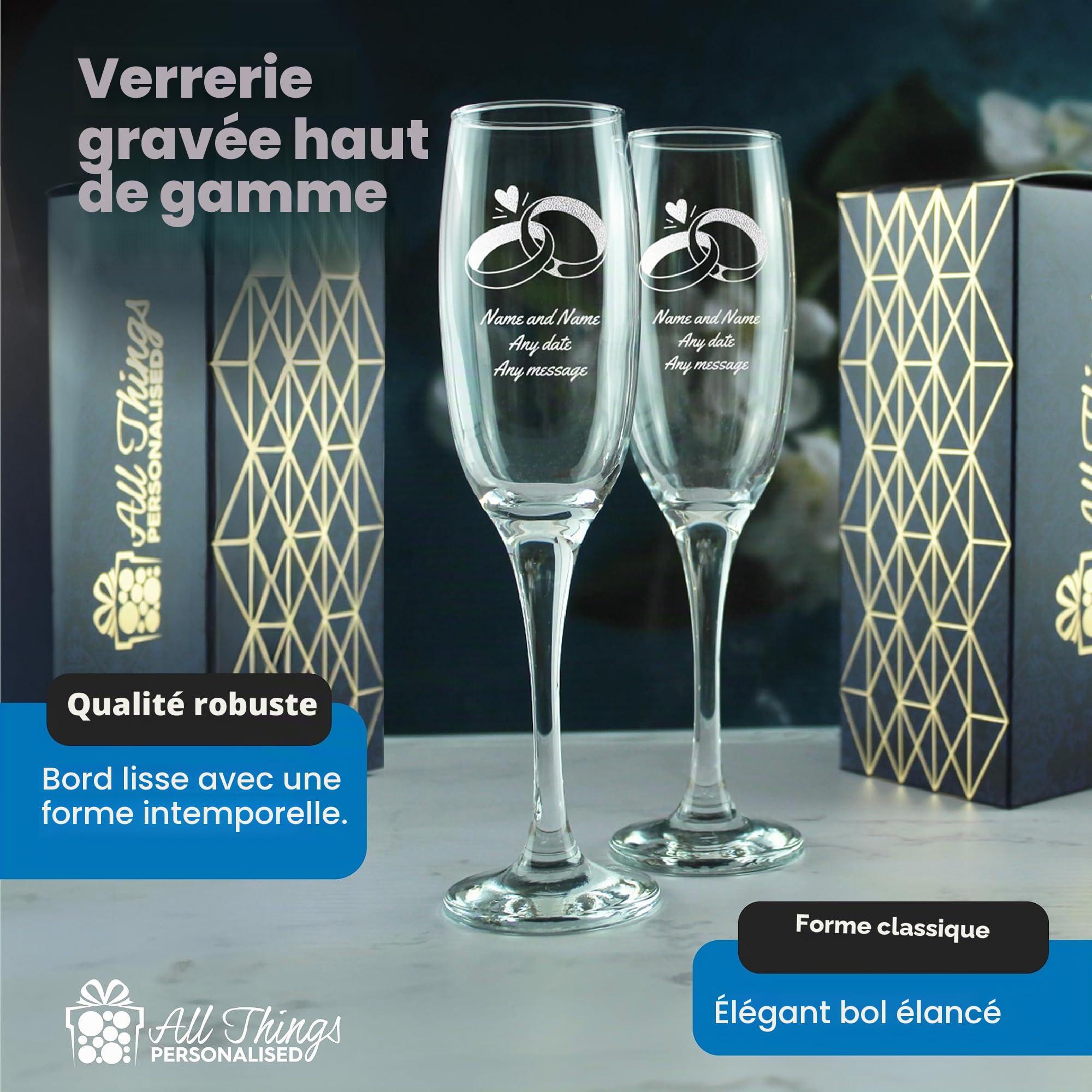 Ensemble de verres à champagne de mariage gravés personnalisés avec n'importe quel message, n'importe quelle date, conception d'alliances, deux verres à champagne personnalisés de 7 oz / 207 ml