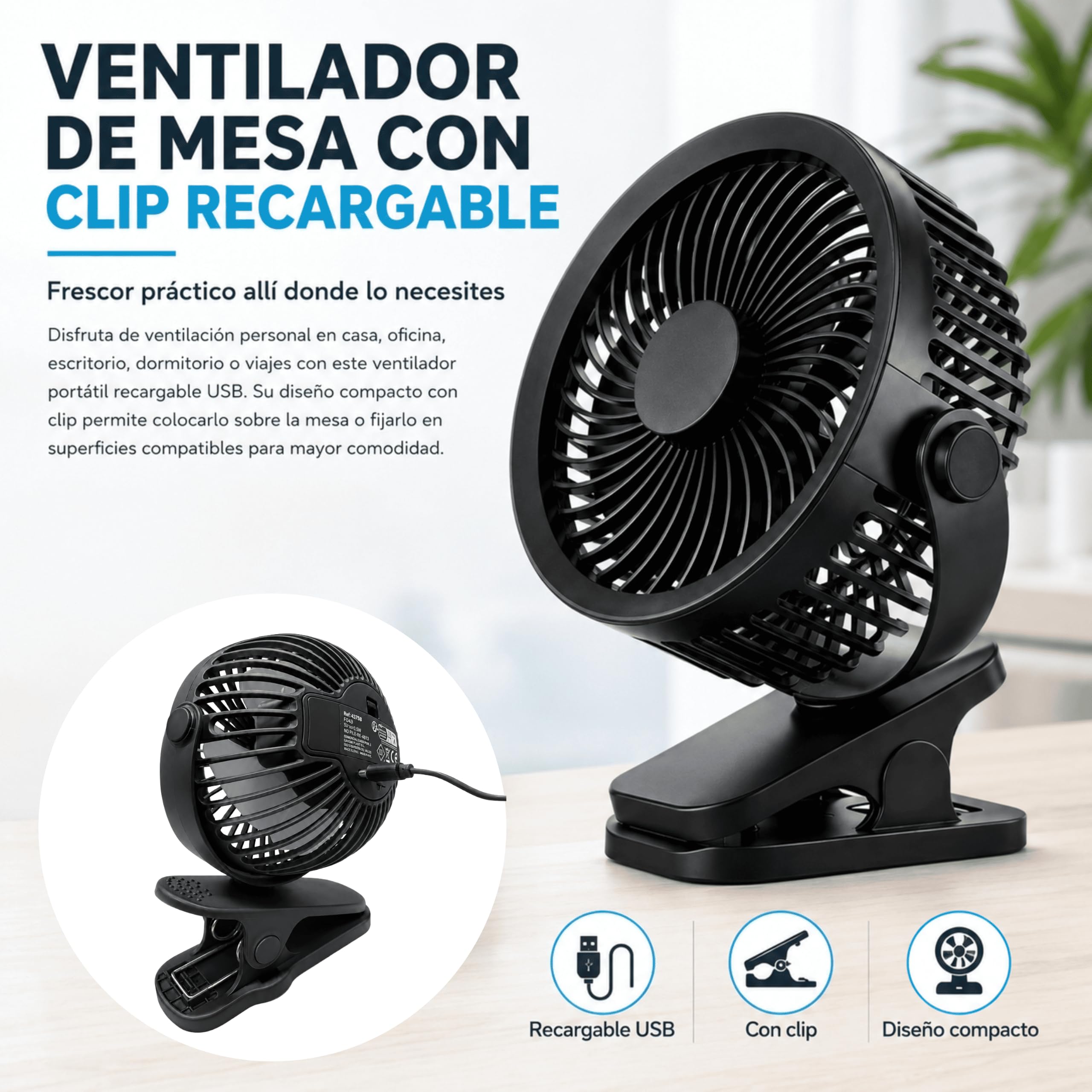 MUNTRADE Pack 5 Ventiladores de Mesa Negro con Clip Recargable USB | 3 Velocidades, Batería 800 mAh, Mini Ventilador Portátil, Escritorio, Oficina, Dormitorio, Viaje y Camping