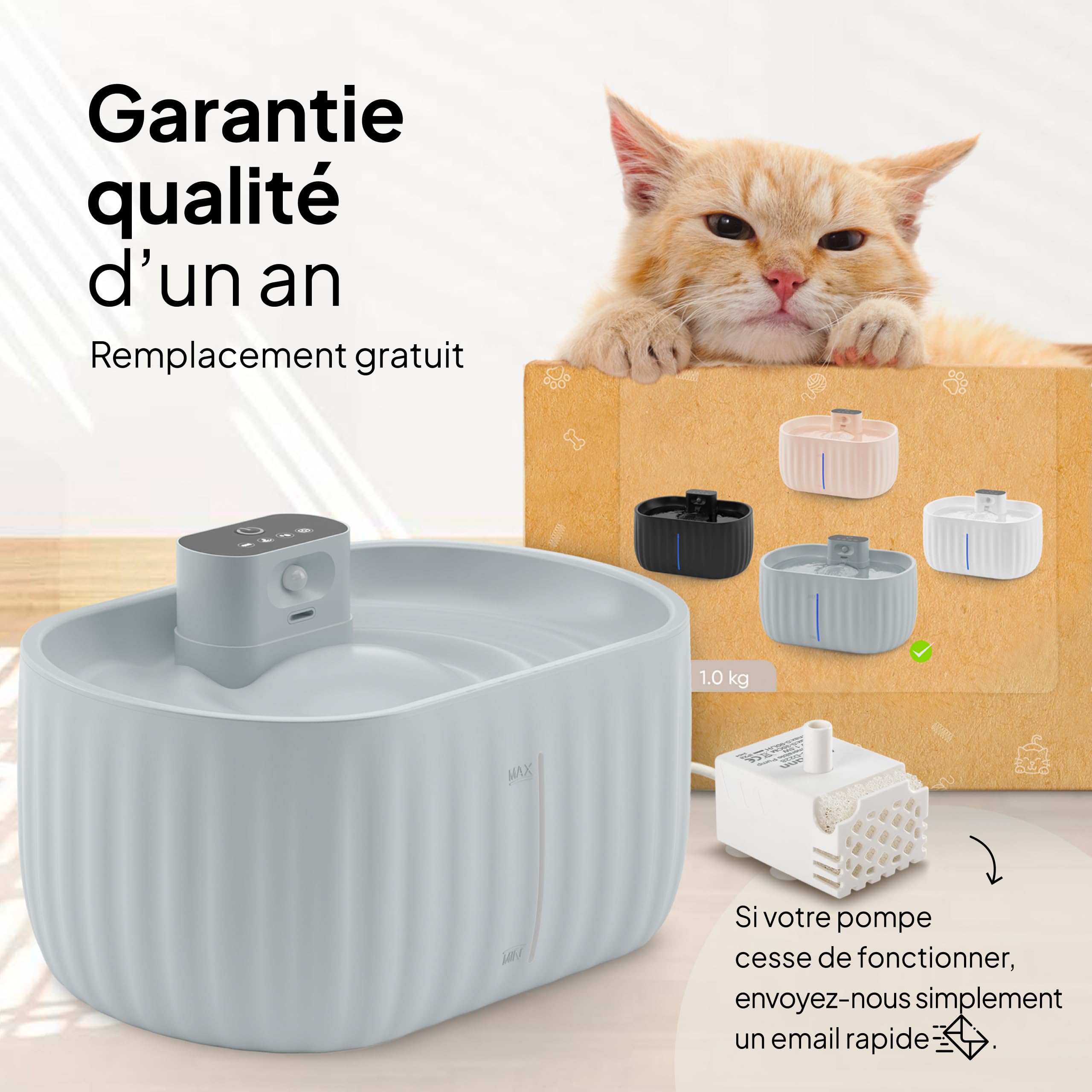Pretty Paw Fontaine à Eau pour Chat sans Fil 3L - Détecteur de Mouvement, Pompe silencieuse, Fontaine pour Chat Rechargeable avec Filtre, Placement Flexible sans câble - Aqua Sense (Gris)