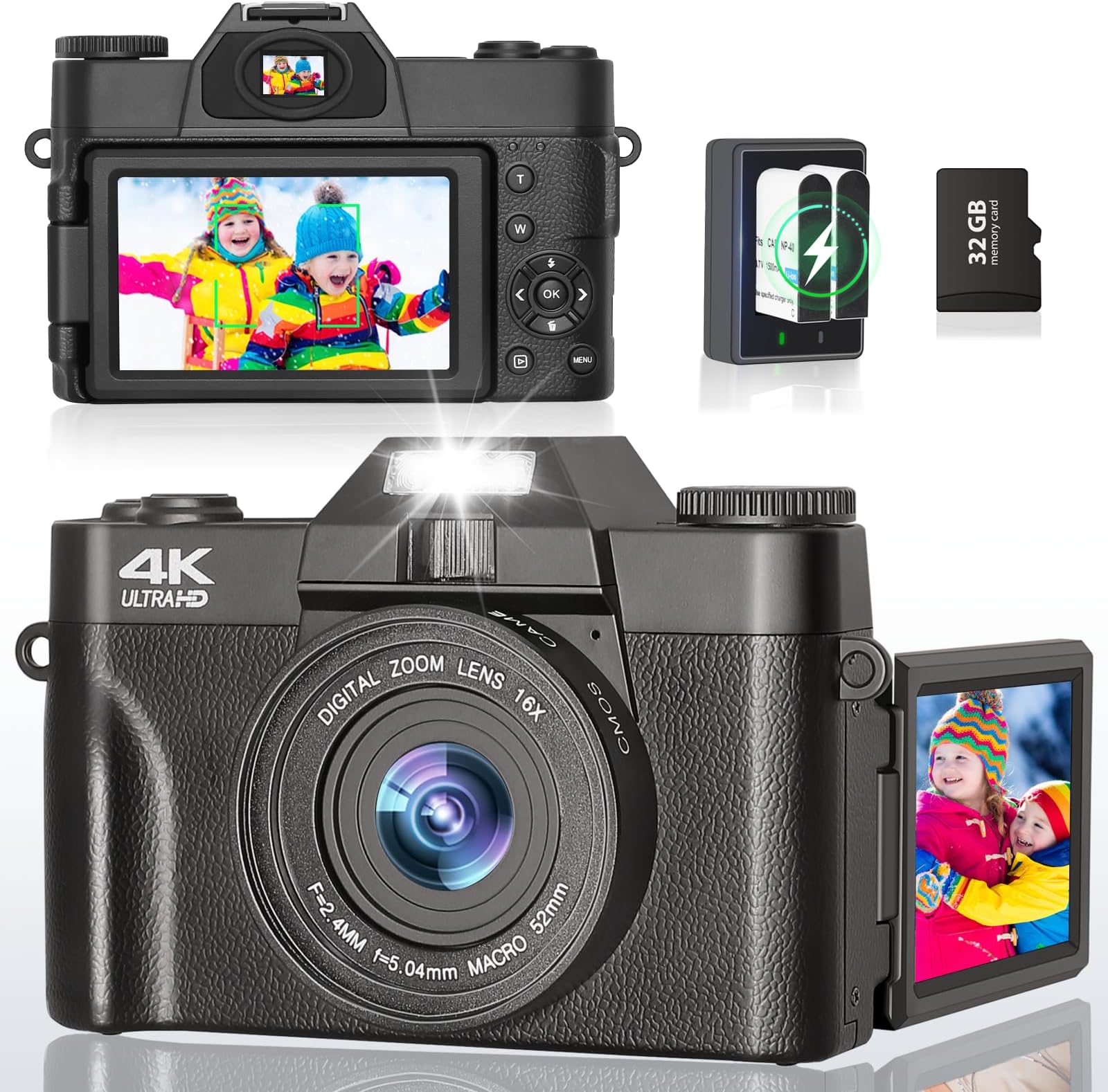 4K Digital Camera for Photography and Video - 56MP Digital Point & Shoot Camera with Flip Screen, Ultra HD Vlogging Camera for YouTube, 32G Card 16X Zoom, Vintage Compact Cameras for Boys Girls Teens
