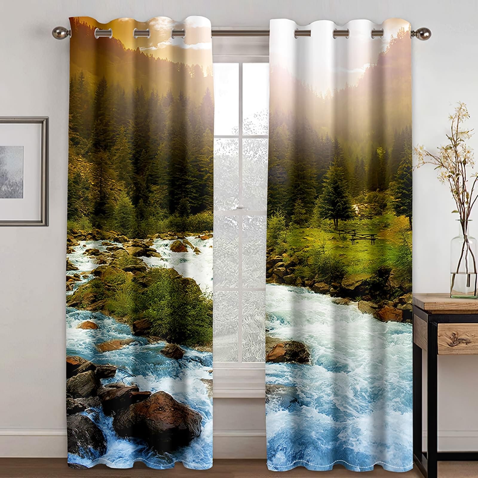 Gualiy Verdunkelungs Vorhänge, Vorhang Blickdicht 107x183 Natur Bergflusslandschaft Vorhang Schlafzimmer 2er Set