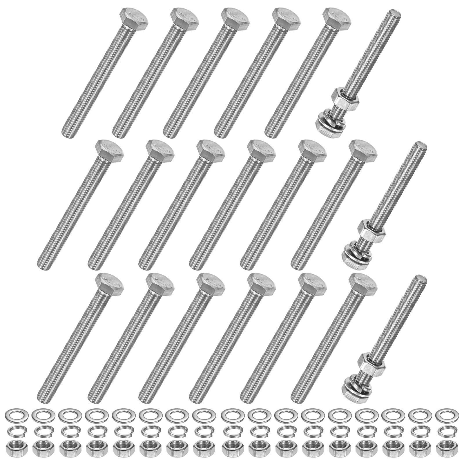 M METERXITY 20-Pack Hex Head Screw Bolt with Nuts Flat & Lock Washers M6x55mm Stainless Steel Bolts and Nuts Kit Fully Threaded Metric Bolt Assortment for Equipment/Machinery