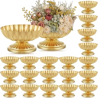 20 Pcs Metal Compote Bowl for Centerpiece Flower Holder Small Compote Vase Indoor Outdoor Flowers Fruits Plant for Christmas Wedding Home Party Decoration (Bright Gold)
