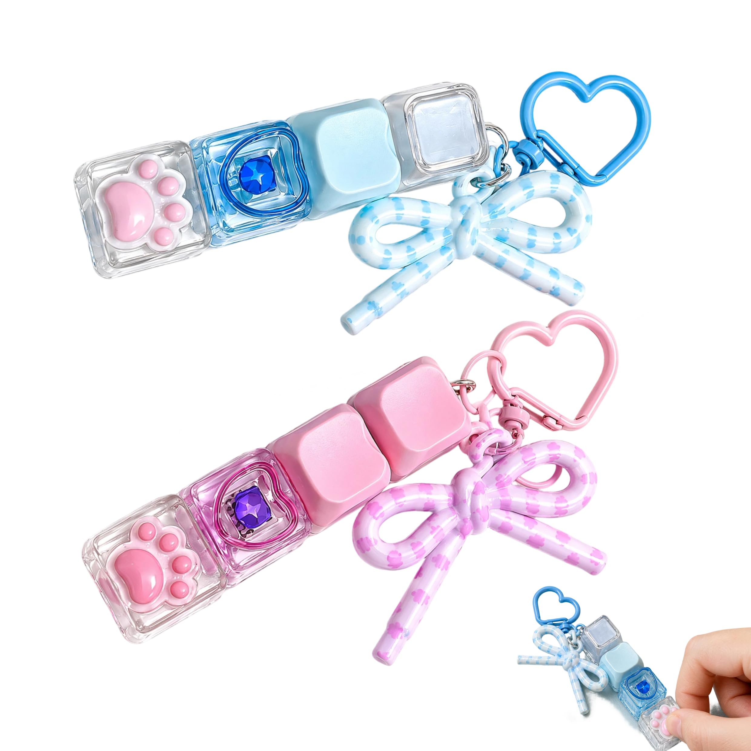 2Pcs Finger Keyboard Fidget Toy Set with Keychain Clicker, Blue & Pink