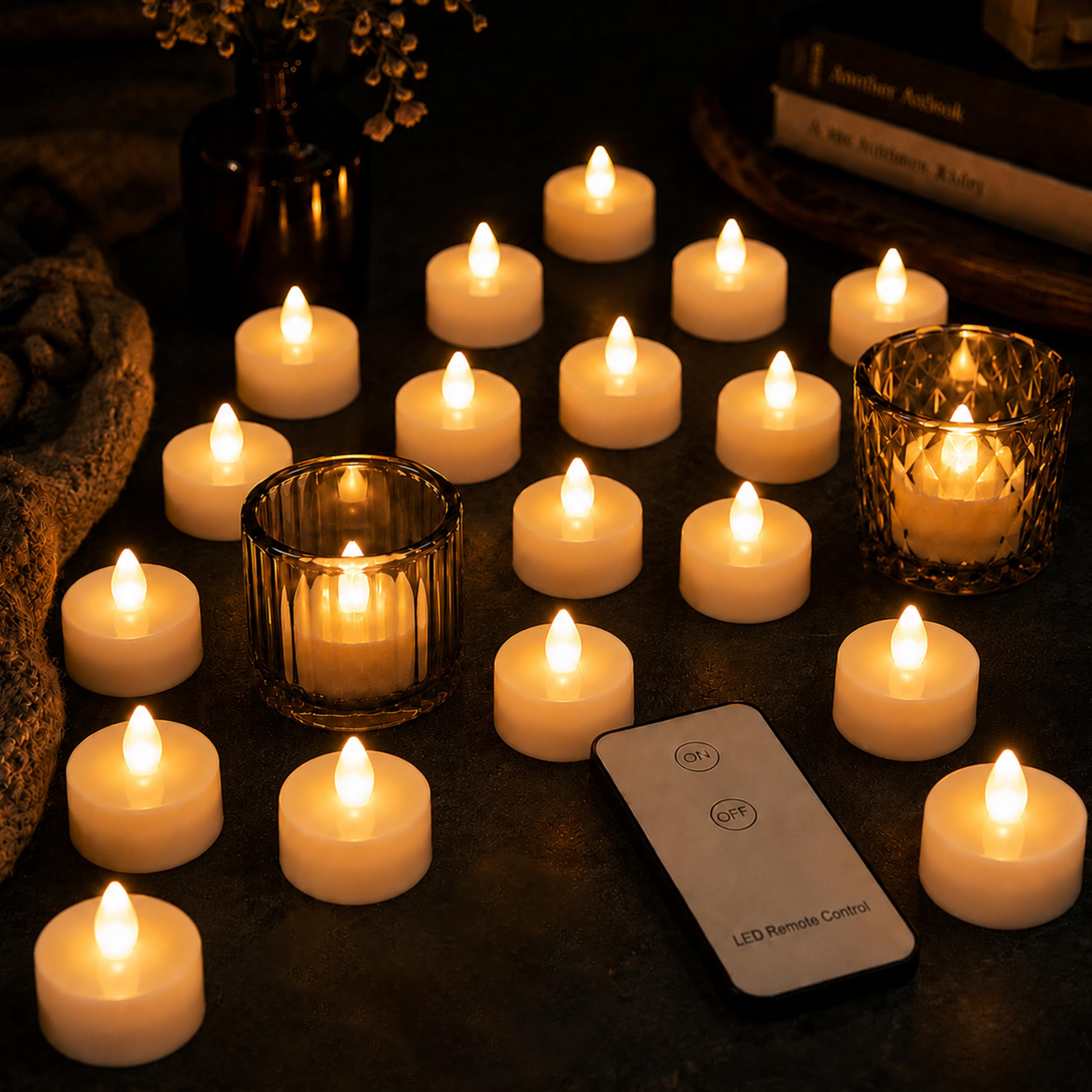 Monzana Warm White Monzana® 20 Pcs Led Tea Light Candles With Batteries And Remote Control | 300 Hour Electric Flickering Flame Effect | 3.7Cm Round Flameless Realistic Tea Lights