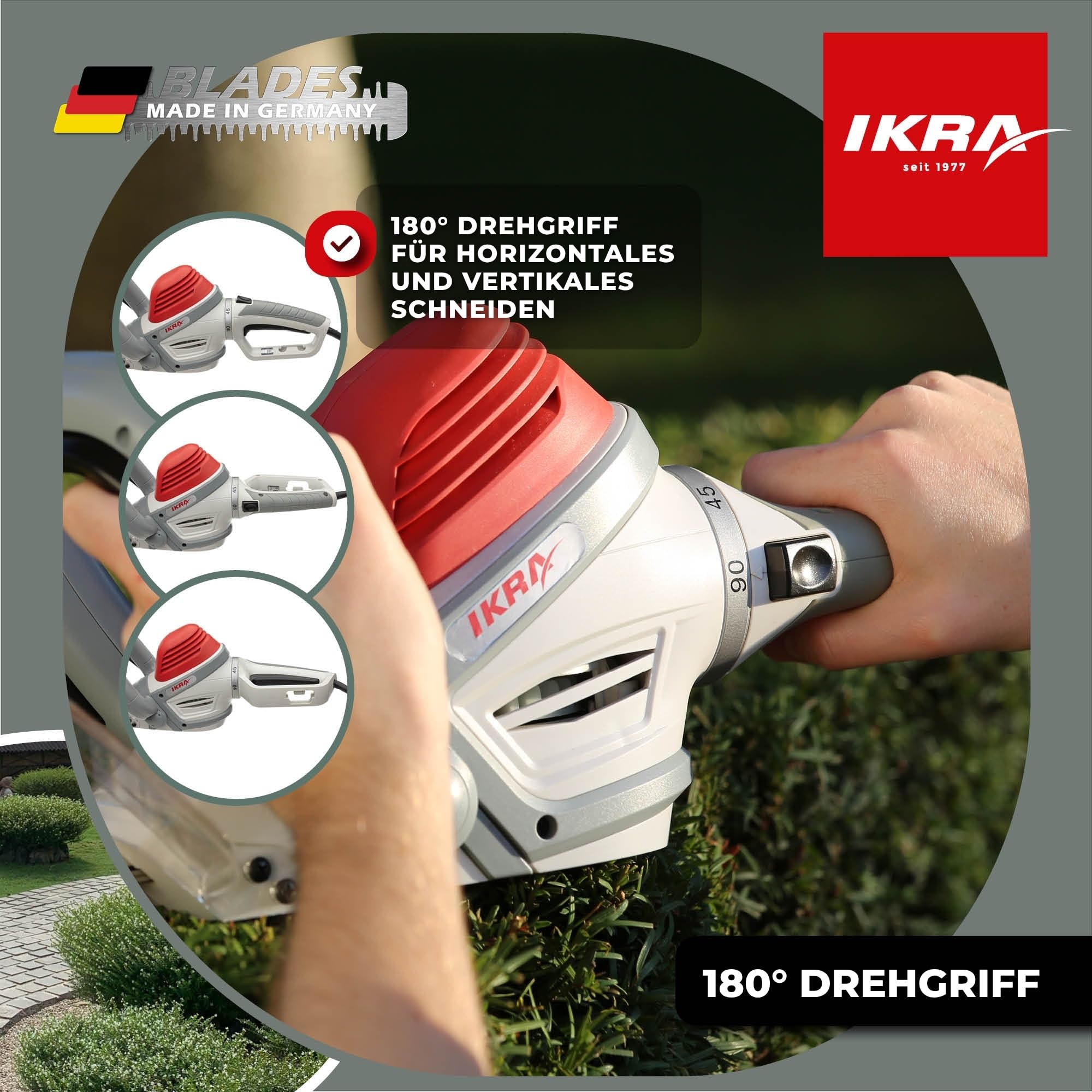 IKRA Elektro Heckenschere IHS 650, Schnittlänge 55cm, inkl. Pflegespray | Leistung 650 Watt, Schnittstärke 22mm, hohe Schnittleistung & geringe Vibration, 180° Drehgriff, Messer Made in Germany