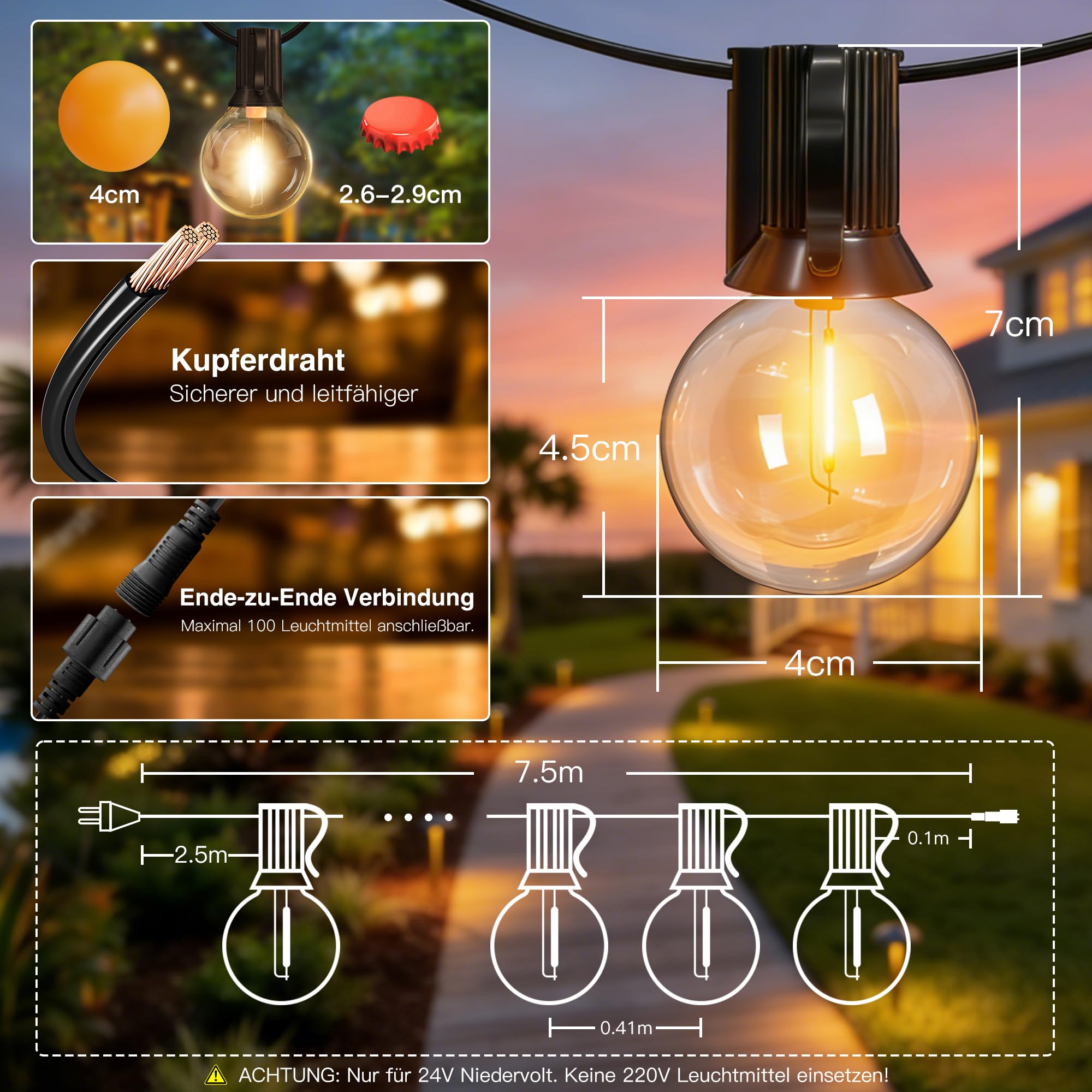 Ollny Guirlande Lumineuse Exterieure, 5M 13+1 G40 LED Ampoules, Guirlande Guinguette LED Connectable, Étanche Chaîne Lumiere Exterieur pour Patio Terrasse Fête Mariage 2700K Blanc Chaud