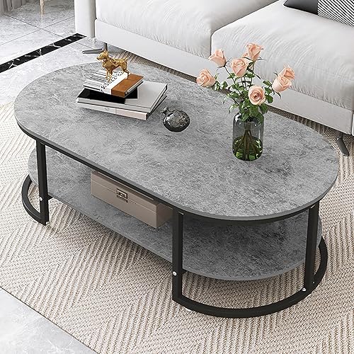 HM&DX Mesa auxiliar moderna de mármol sintético, mesa de centro ovalada, mesa de centro de madera con almacenamiento abierto, mesa auxiliar disponible en Yaxa Costa Rica