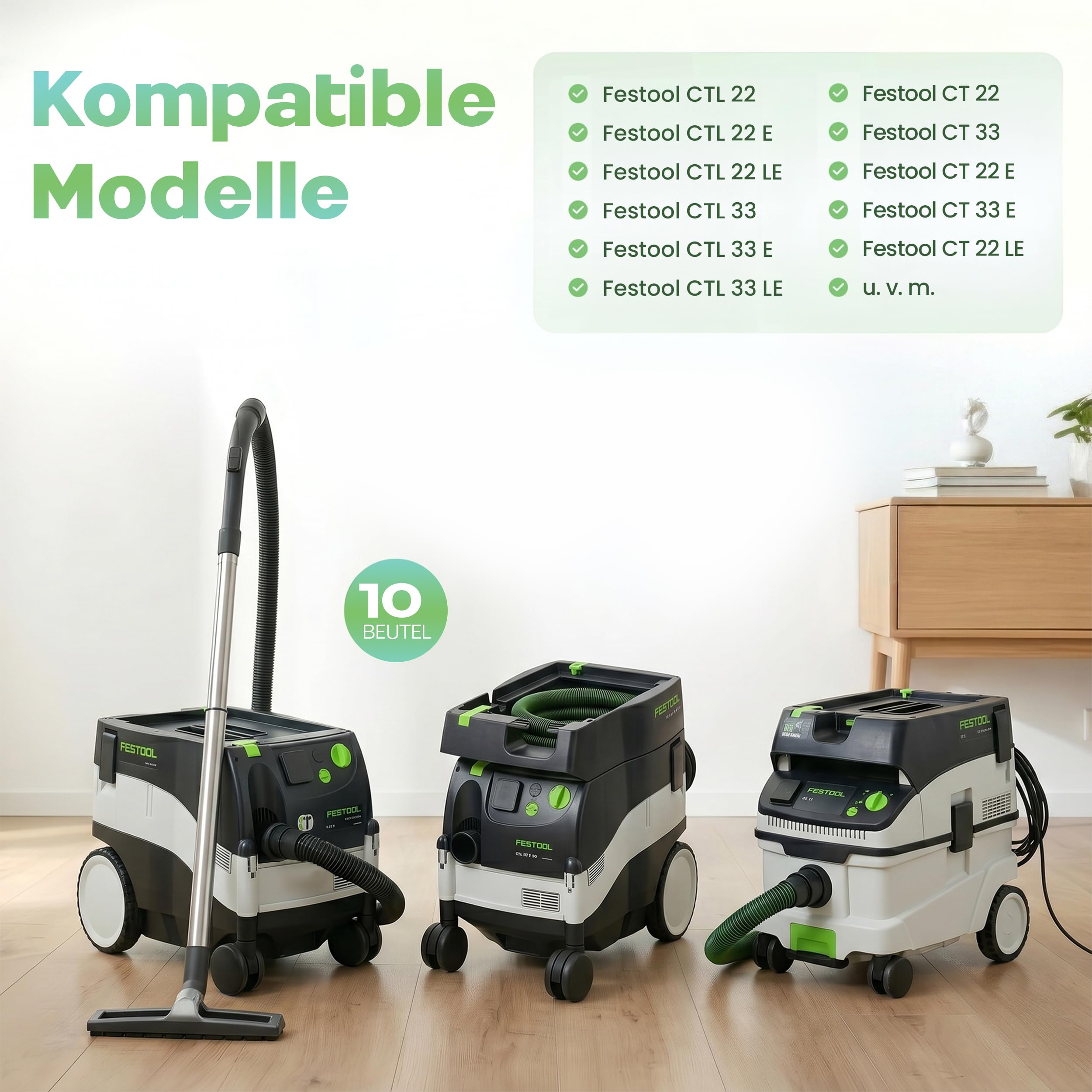 10 Staubsaugerbeutel passend für Festo/Festool CT 22, CT 22 E, CTL 22, CTL 33, CTL 33 LE SG Staubsauger, Mikrovlies
