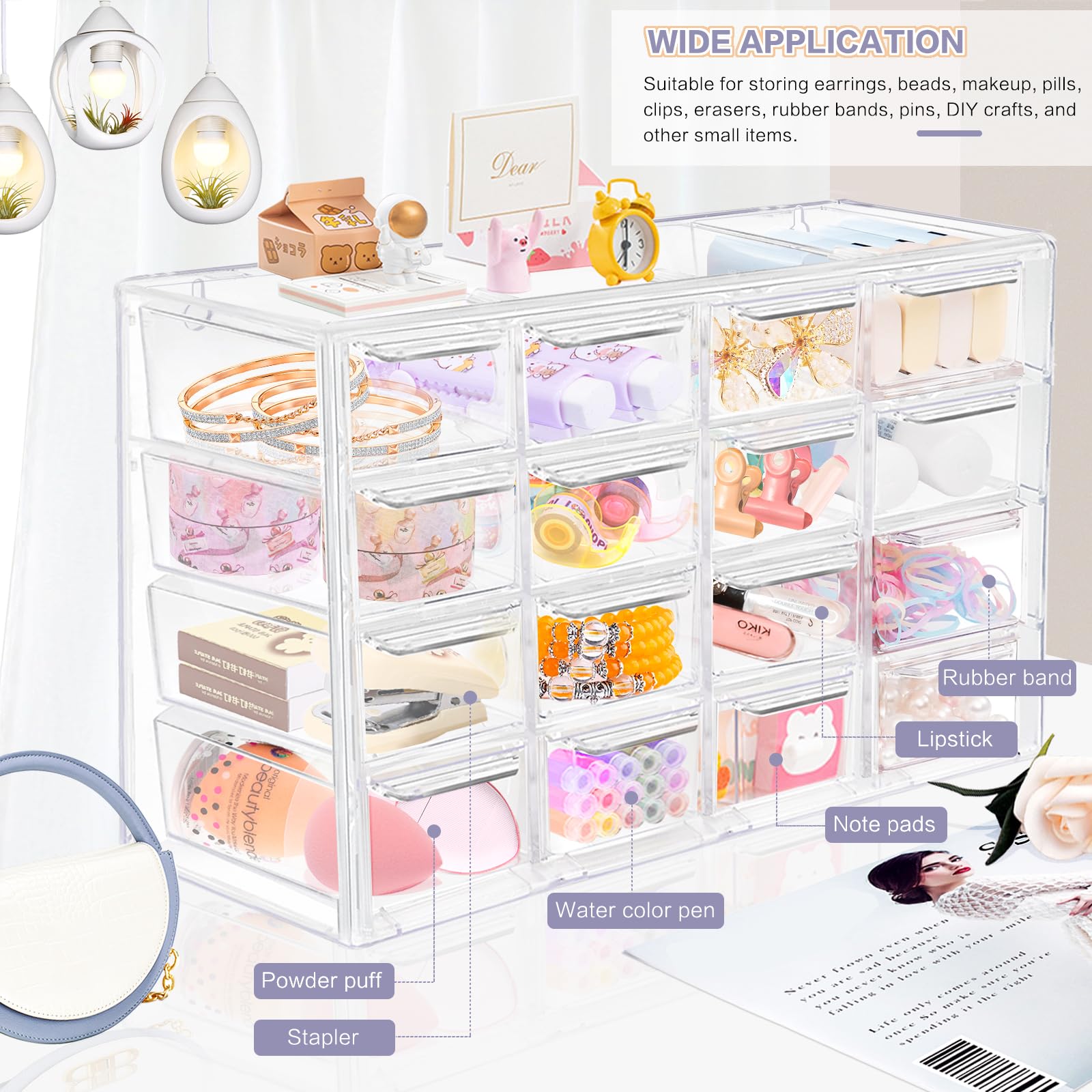 ToyaJeco Bureau-organizer met 14 laden, ToyaJeco 14 stuks doorzichtige acryl bureaublad opbergladen make-up organizer, stapelbare knutsel opbergdoos kasten voor kantoor kaptafel aanrecht badkamer