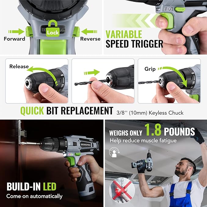 Kit de Herramientas WORKPRO con Taladro Eléctrico 12V, 108 Piezas miniatura 6