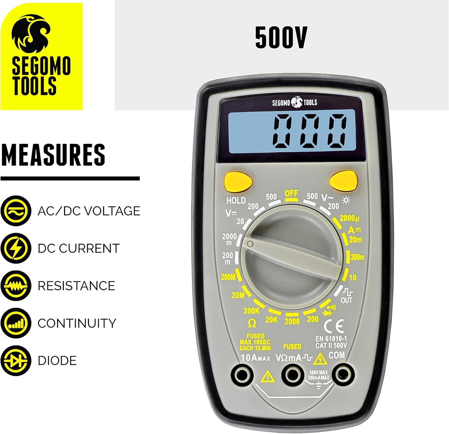 Segomo Tools 500 Volt Multimeter - Amp & Diode Voltage, Resistance & Continuity Digital Multimeter - Voltage Tester AC & DC - Continuity Tester & Voltage Meter - Multimetro - DM500