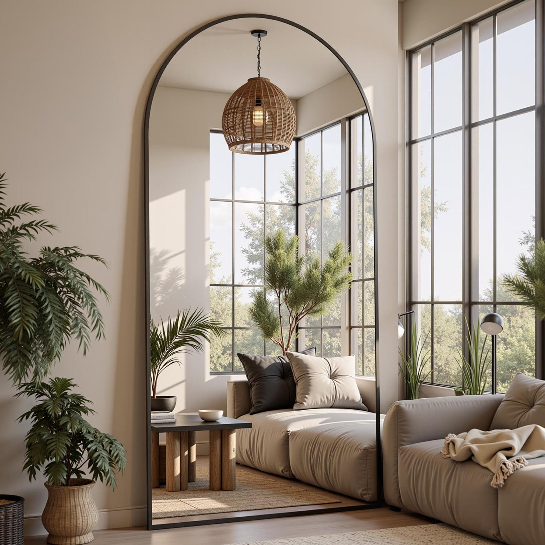 Floor Mirror, 76"x34" Oversized Full Length Mirror with Stand, Arched Full Body Mirror Standing Hanging Leaning Against Wall, Aluminum Frame Giant Mirrors for Bedroom Cloakroom, Black