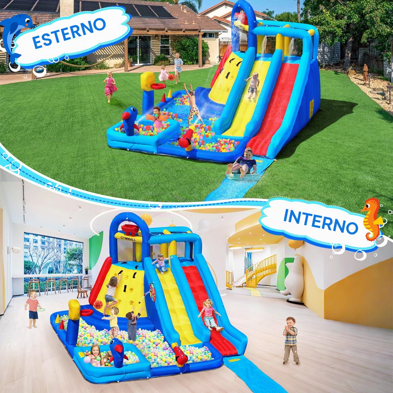 GYMMAL Castello Gonfiabile per Bambini con Parete d'Arrampicata, Doppio Scivolo e Scivolo Acquatico - Giochi da Esterno per Bambini 3-12 Anni (4x3,6x2,6m)