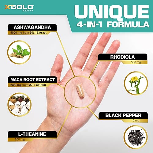 Miniatura 5 de Ashwagandha 5,000 mg + raíz de maca negra, roja, amarilla 4,000 mg, rodiola y L-teanina extracto 301 cápsulas de Ashwagandha, extracto 201 cápsulas
