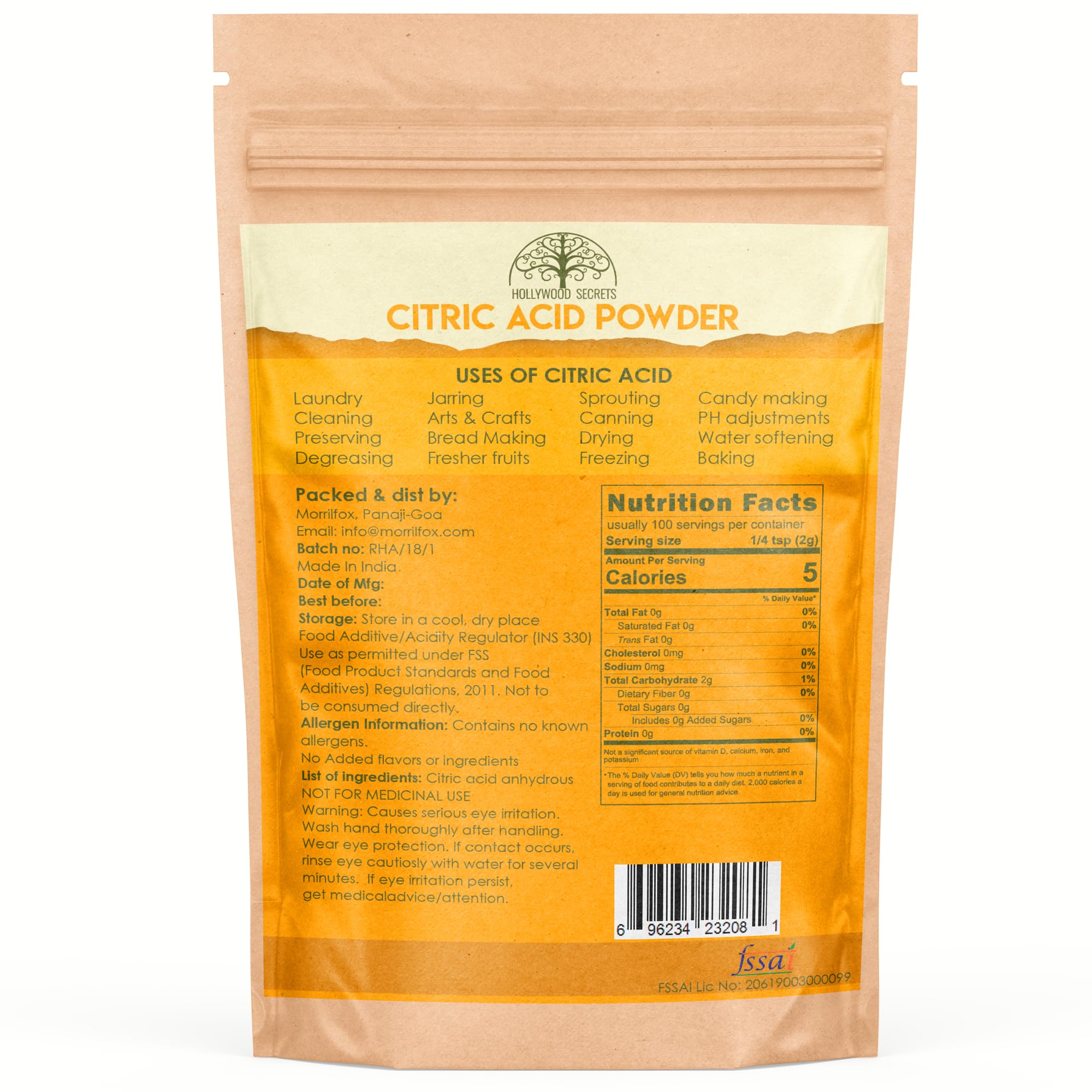 Hollywood Secrets 100% Citric Acid Powder Pure Grade Non-Gmo 200 Gms - Image 2 thumbnail
