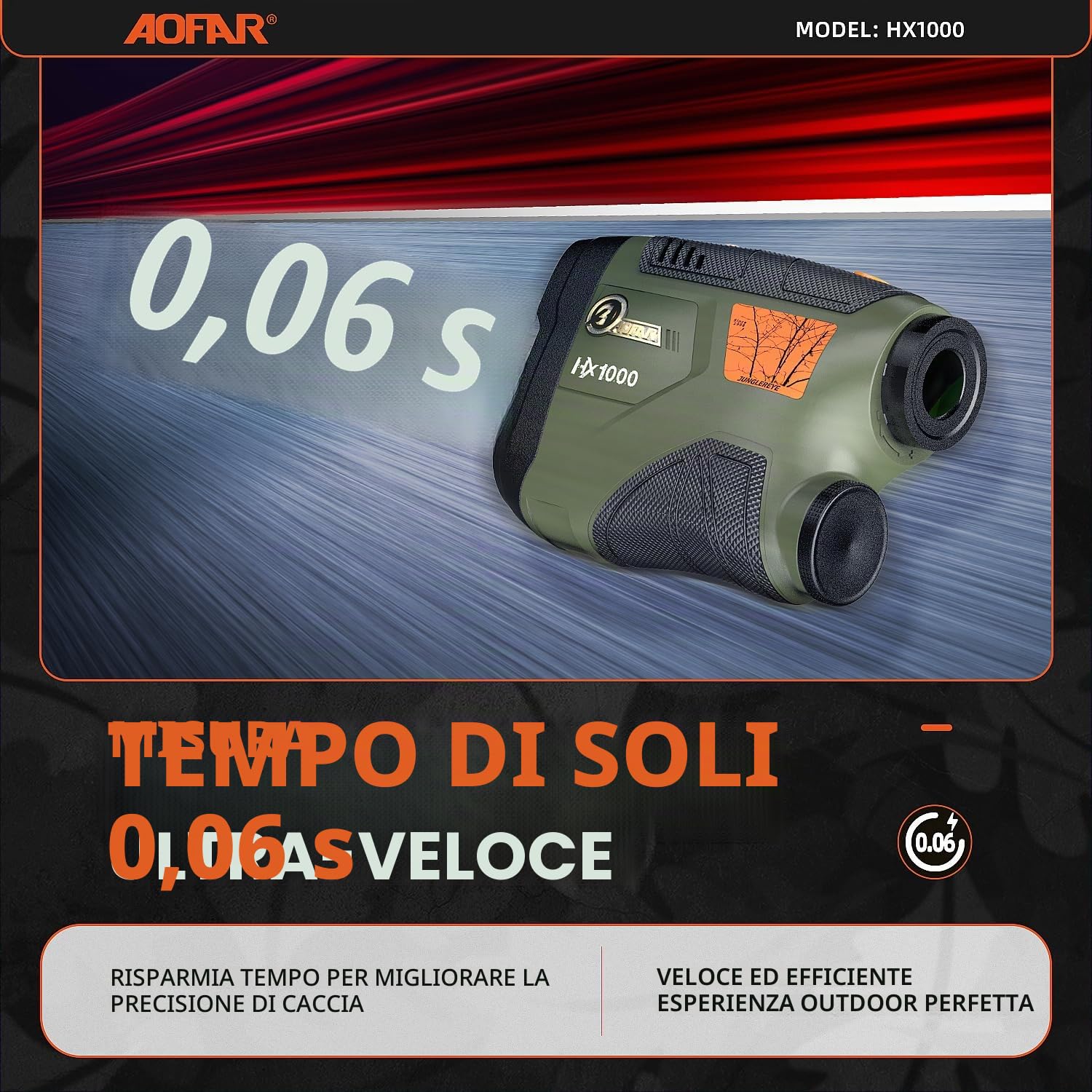 AOFAR HX1000 Telemetro Laser da Caccia 1000 iarde, Misurazione Distanza Angolare e Orizzontale, Modalità Scansione e Velocità, 6x Ingrandimento, Impermeabile, Batteria Inclusa