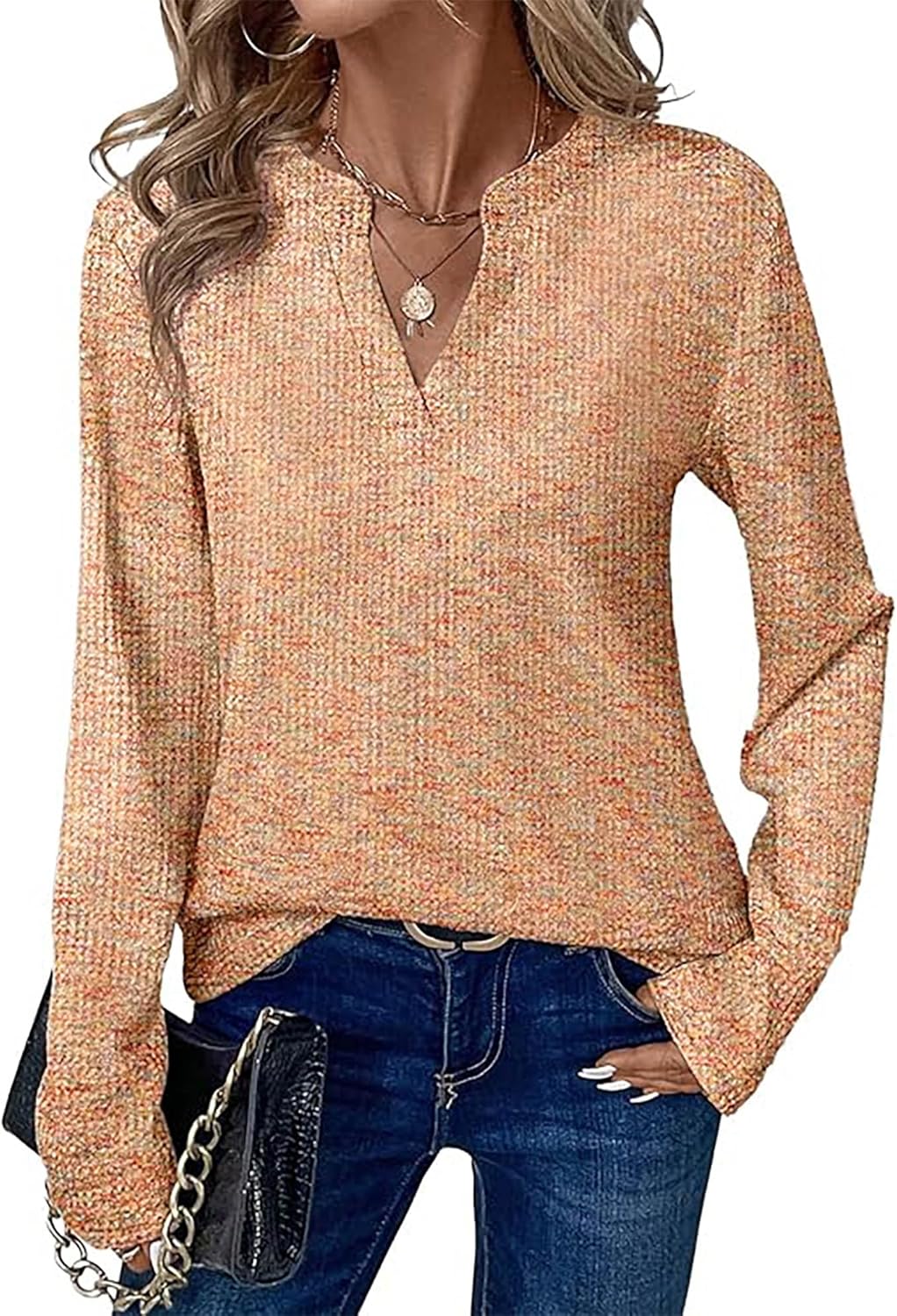 KIRUNDO Waffle Knit Tops V Neck Long Sleeve Blouses for Women Dressy Casual Henley Work Shirts 2026 Spring Fall Clothes