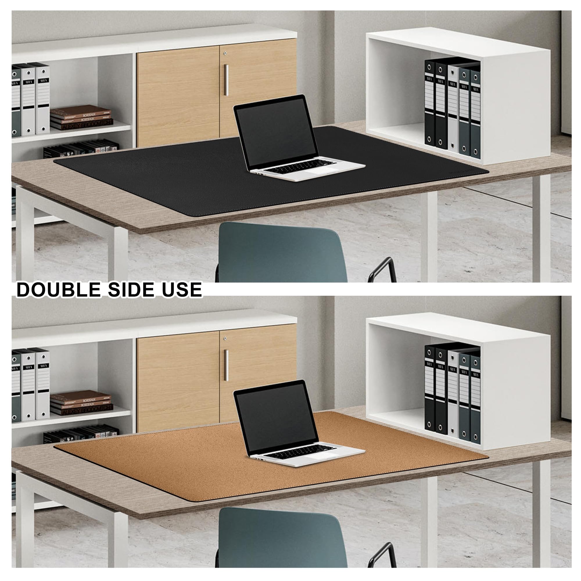 MAIDERN Tappetino da scrivania, 100 x 60cm tappetino per mouse bifacciale in sughero e pelle PU, tappetino da scrivania morbido e impermeabile per ufficio/casa(Nero)