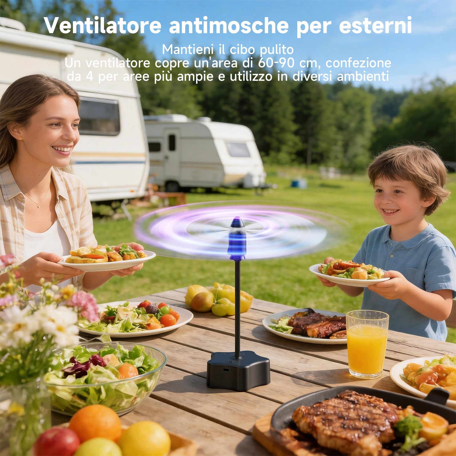 4 Pezzi Ventilatore da Tavolo Antimosche, Ricaricabile e a Batteria con Cavo USB, Repellente per Mosche per Terrazza, Ristorante, Giardino, Picnic – Protezione Efficace contro Mosche e Zanzare