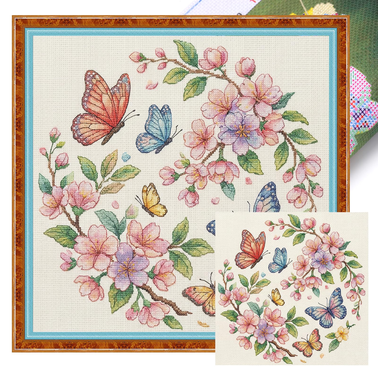 POETRYDRAW Butterflies and Flowers Full 11CT DIY Stamped Needlework Embroidery Kit 40x40cm Cross Stitch Art and Crafts Kits for Beginners Adults Home Decor