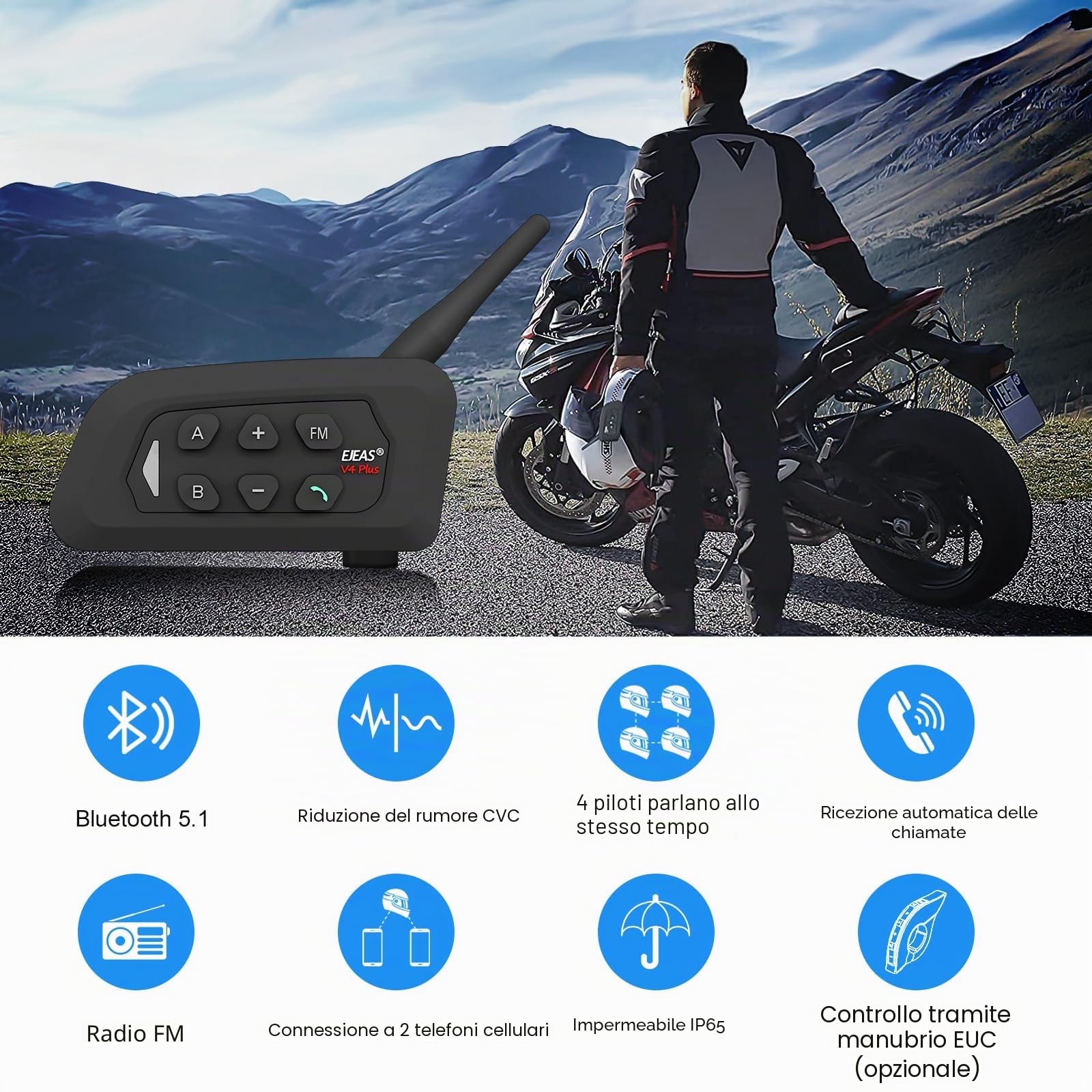 SolaMr V4 PLUS Interfono Moto Coppia, Bluetooth 5.1 Interfono Casco, Interphone Moto con Riduzione del Rumore CVC, Radio FM e Intercomunicazione a 4 vie per una Distanza di Fino a 1500 m - 1PACK