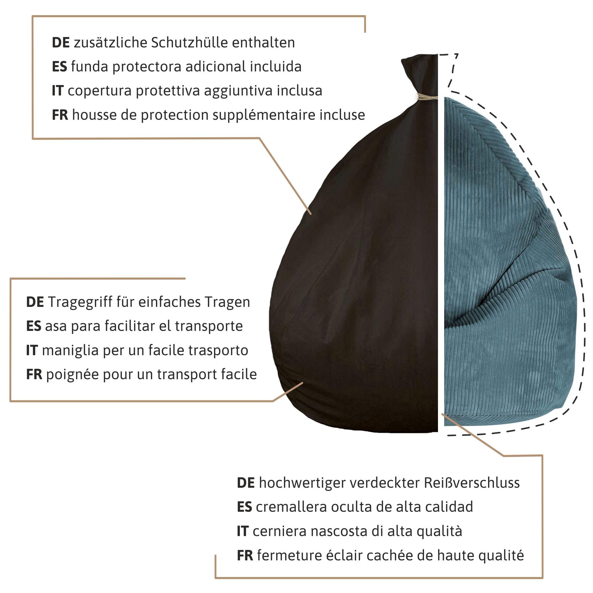 DreamRoots Sitzsack für Kinder 80x80x120cm - Cord Bean Bag Chair Mit Füllung, Lehne und Bezug - für Mädchen und Jungen