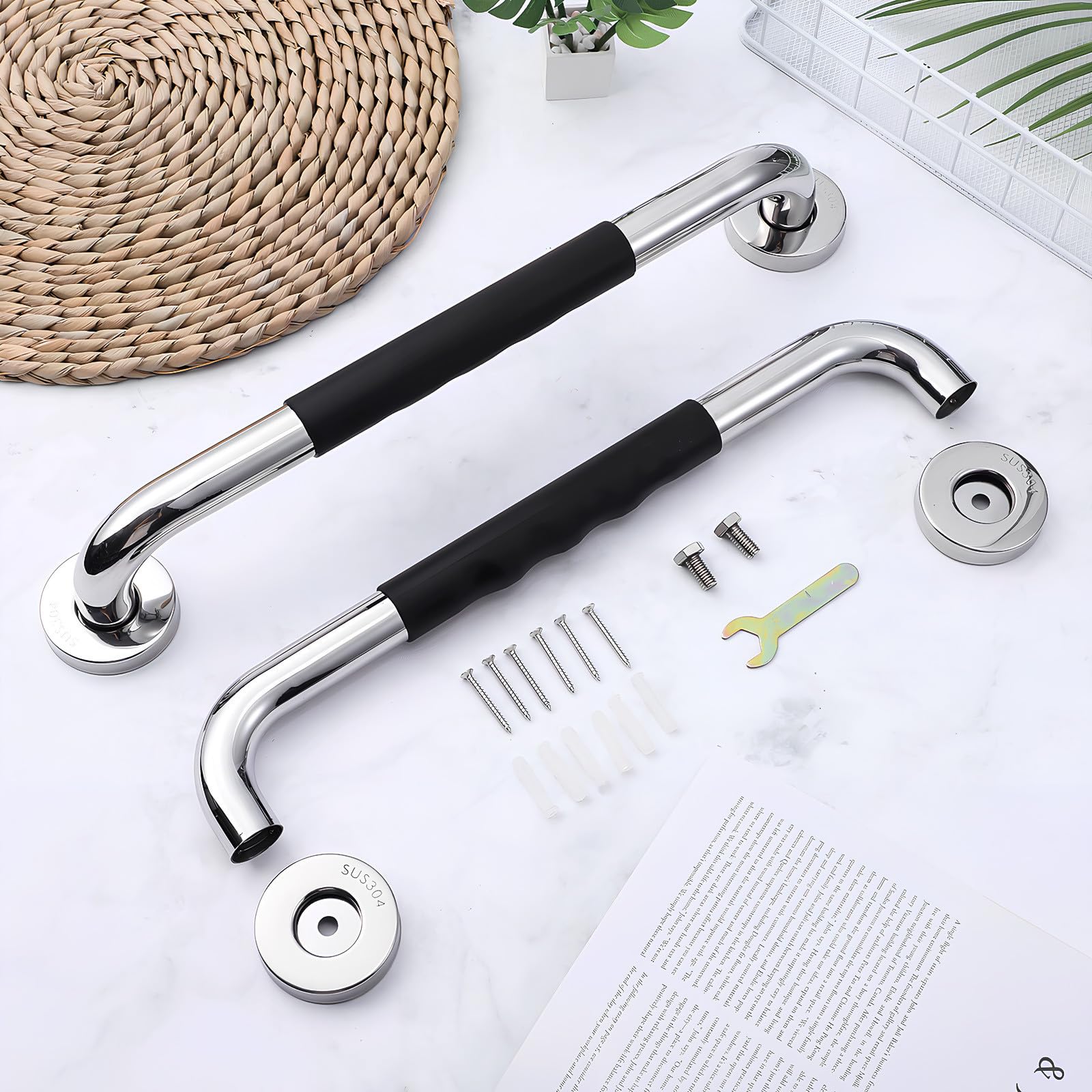 2 Pezzi Maniglioni Bagno Neri in Acciaio Inox 304 per Doccia | Superficie in Silicone, Stile Moderno, Installazione Sicura e Robusta